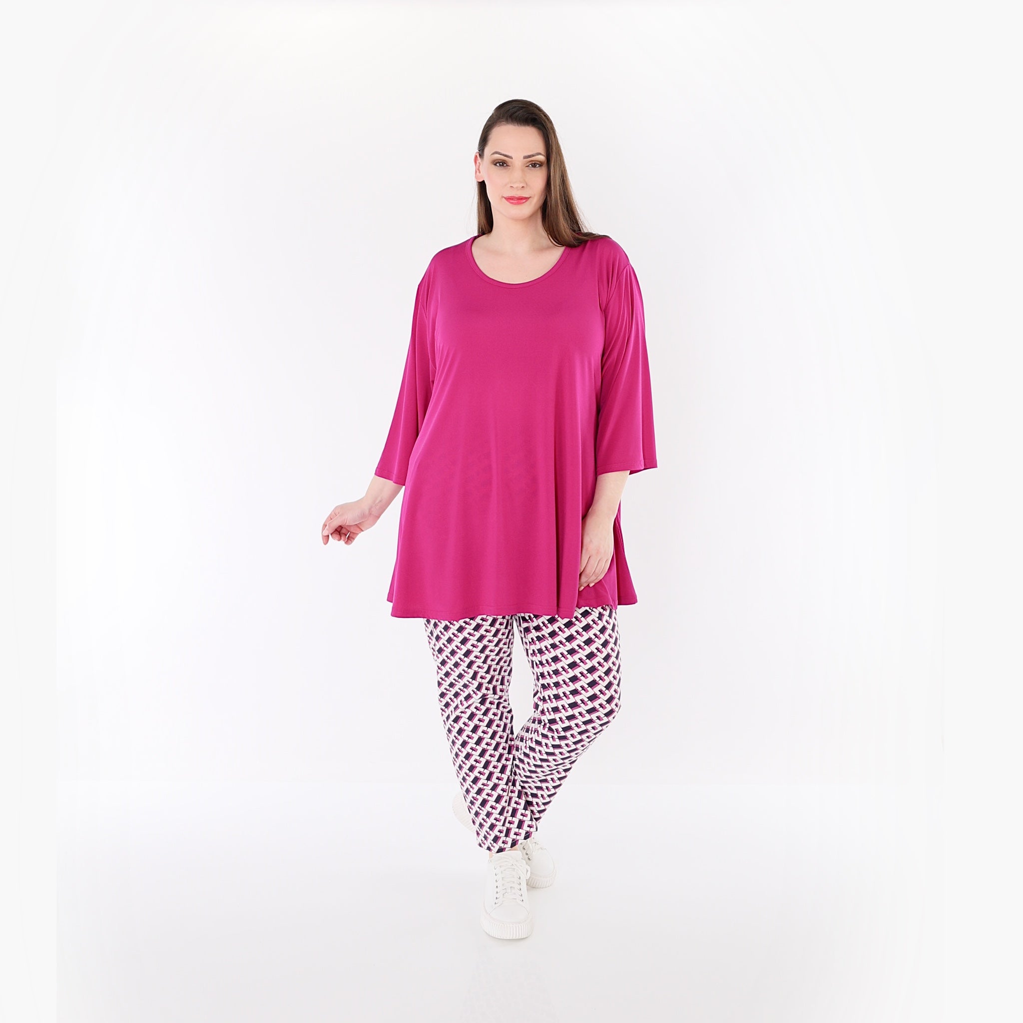 AKH Fashion 7183 Trousers, Navy-Fuchsia-White