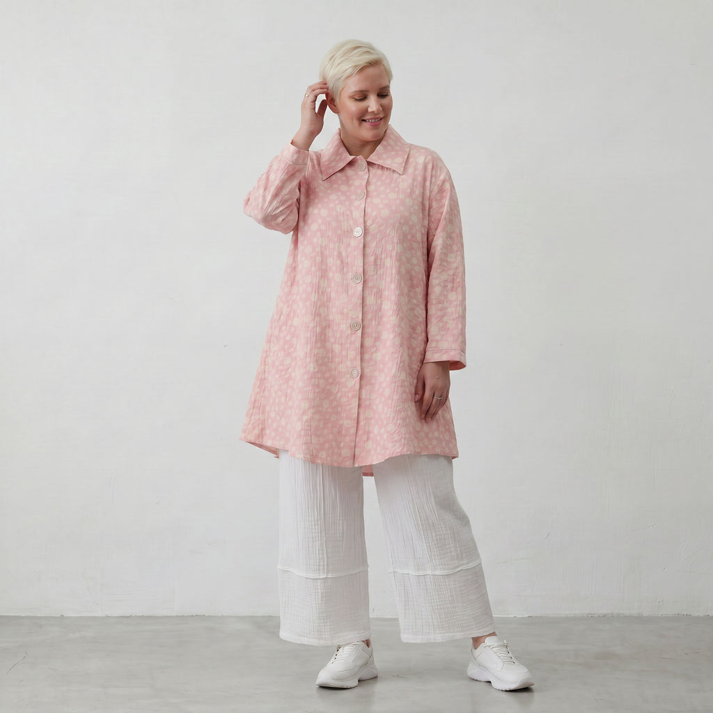 Luftige Baumwoll-Jacke in Glockenform mit Hemdkragen Rosa Ecru