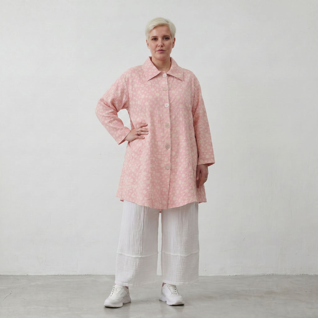 Luftige Baumwoll-Jacke in Glockenform mit Hemdkragen Rosa Ecru