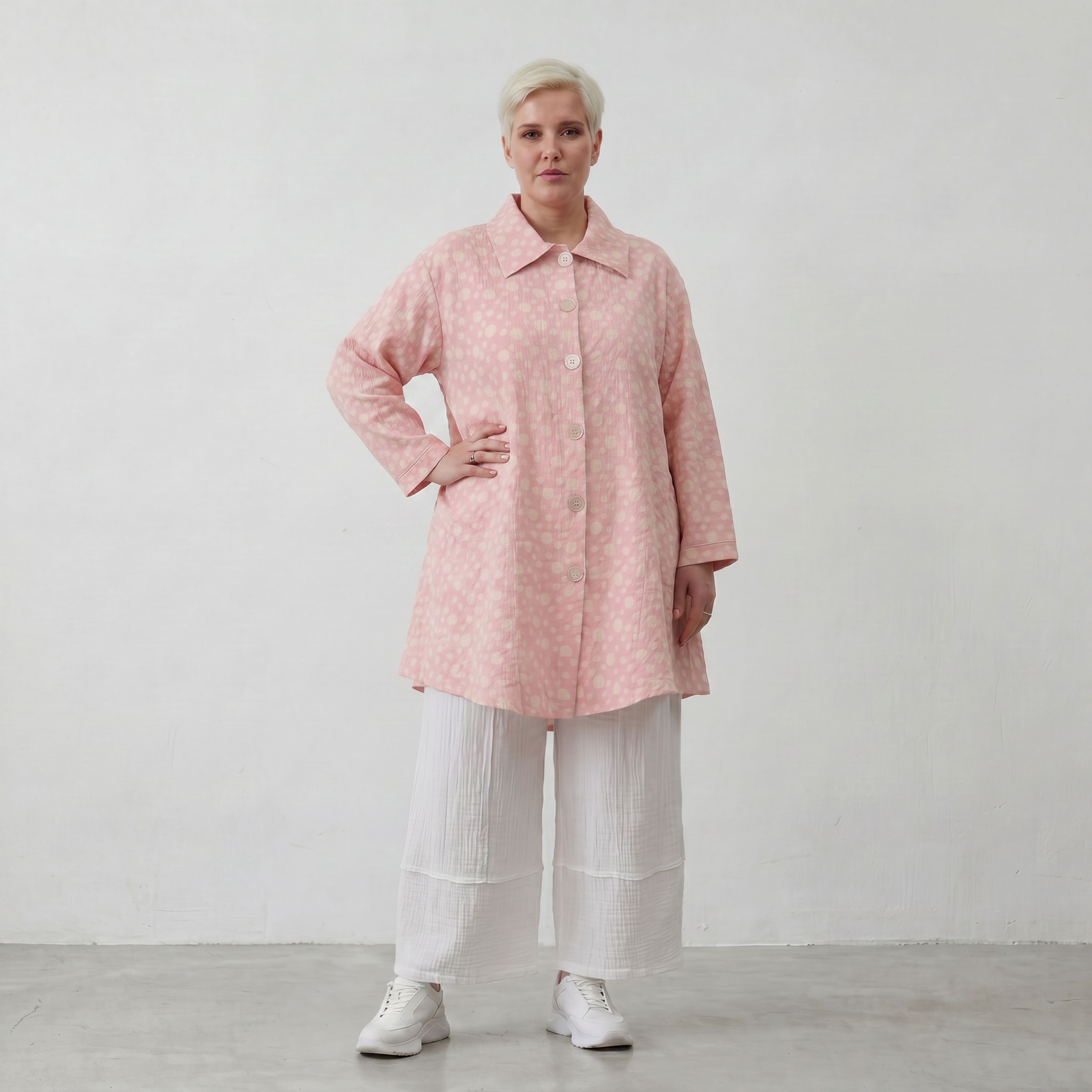 Luftige Baumwoll-Jacke in Glockenform mit Hemdkragen Rosa Ecru