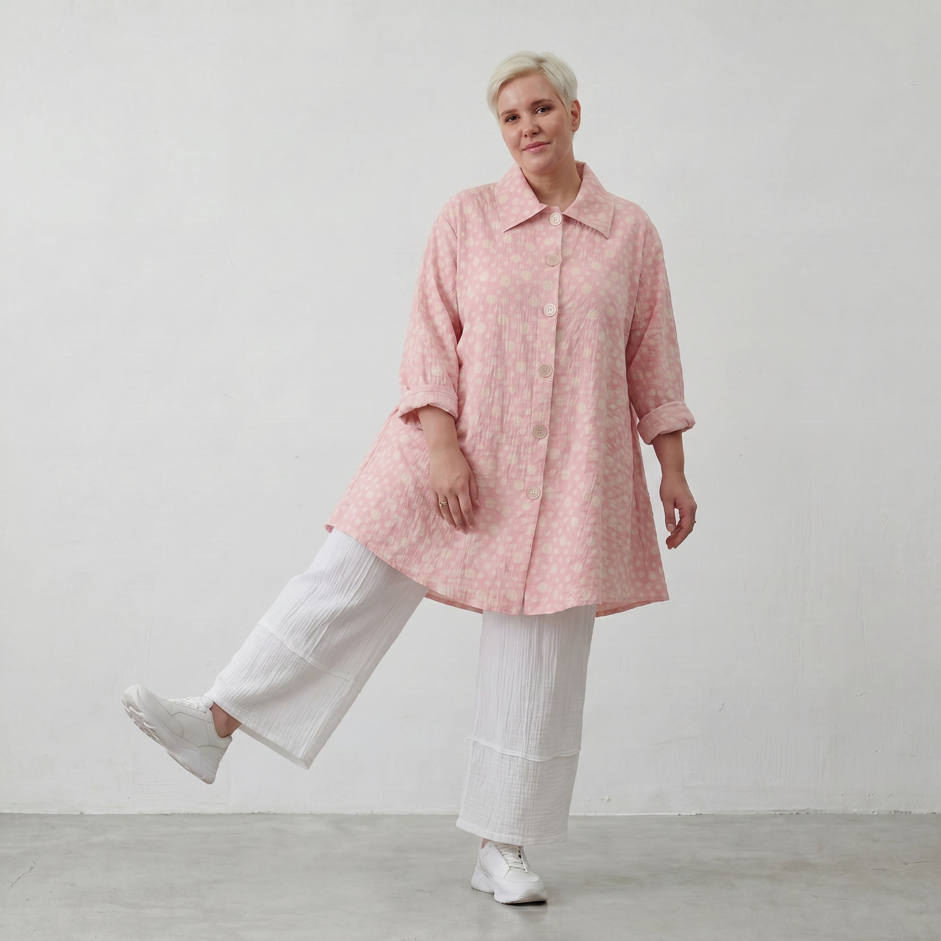 Luftige Baumwoll-Jacke in Glockenform mit Hemdkragen Rosa Ecru
