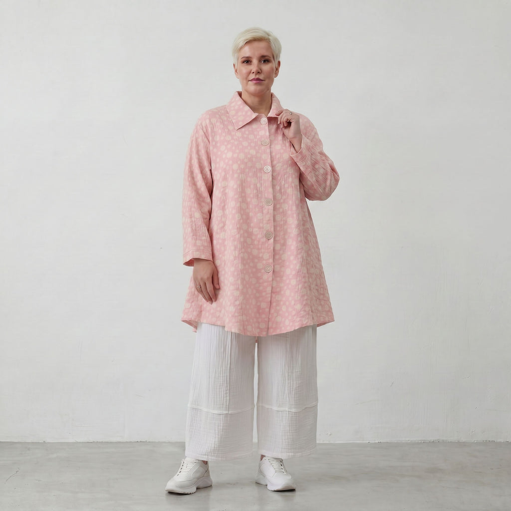 Luftige Baumwoll-Jacke in Glockenform mit Hemdkragen Rosa Ecru