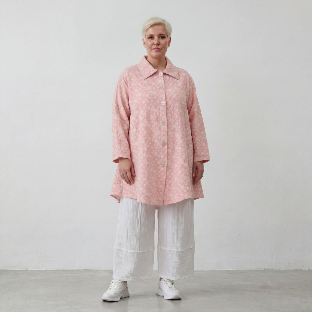 Luftige Baumwoll-Jacke in Glockenform mit Hemdkragen Rosa Ecru