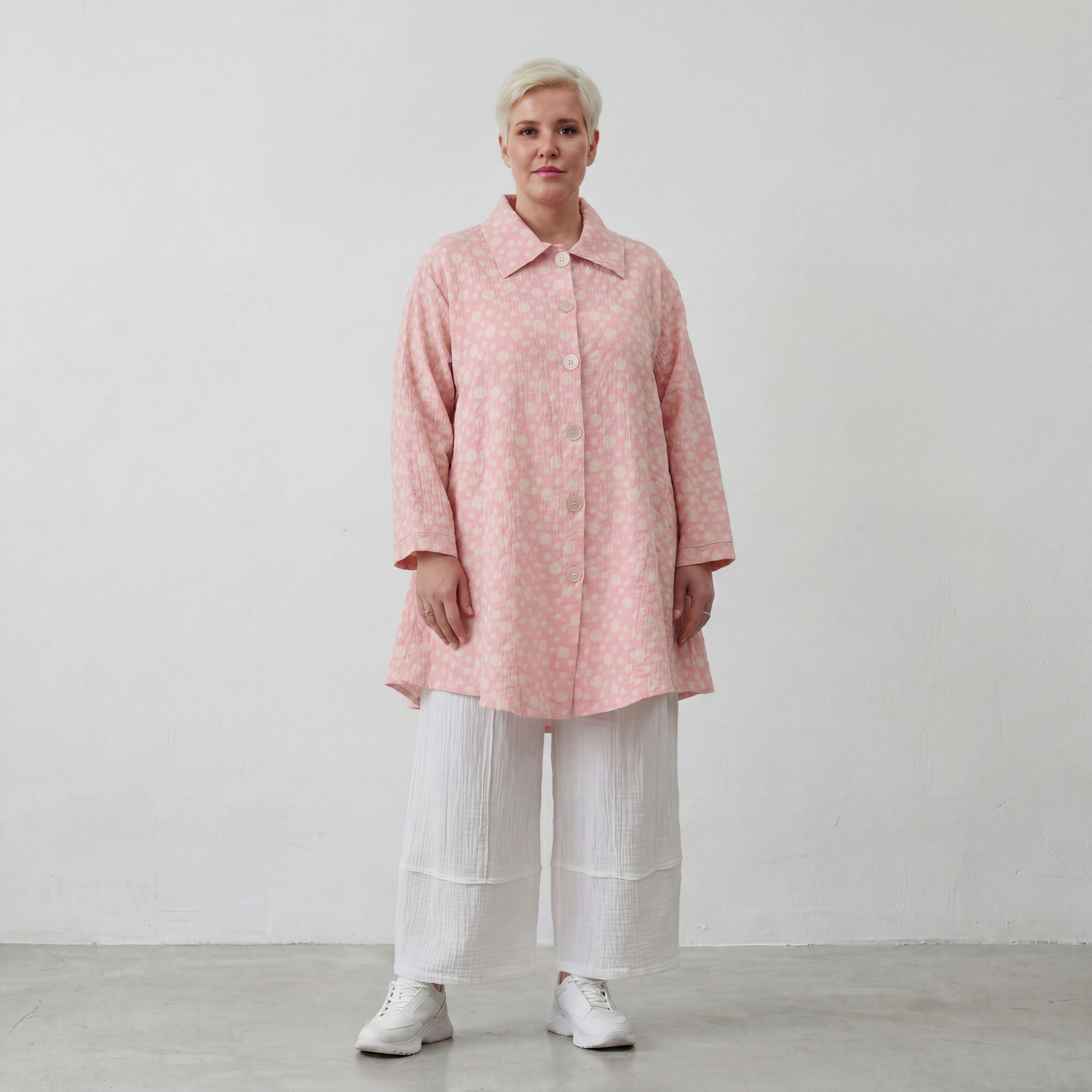 Luftige Baumwoll-Jacke in Glockenform mit Hemdkragen Rosa Ecru