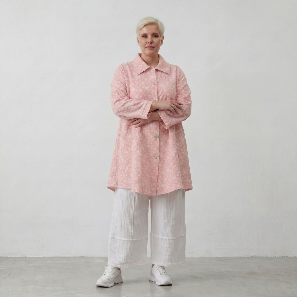 Luftige Baumwoll-Jacke in Glockenform mit Hemdkragen Rosa Ecru