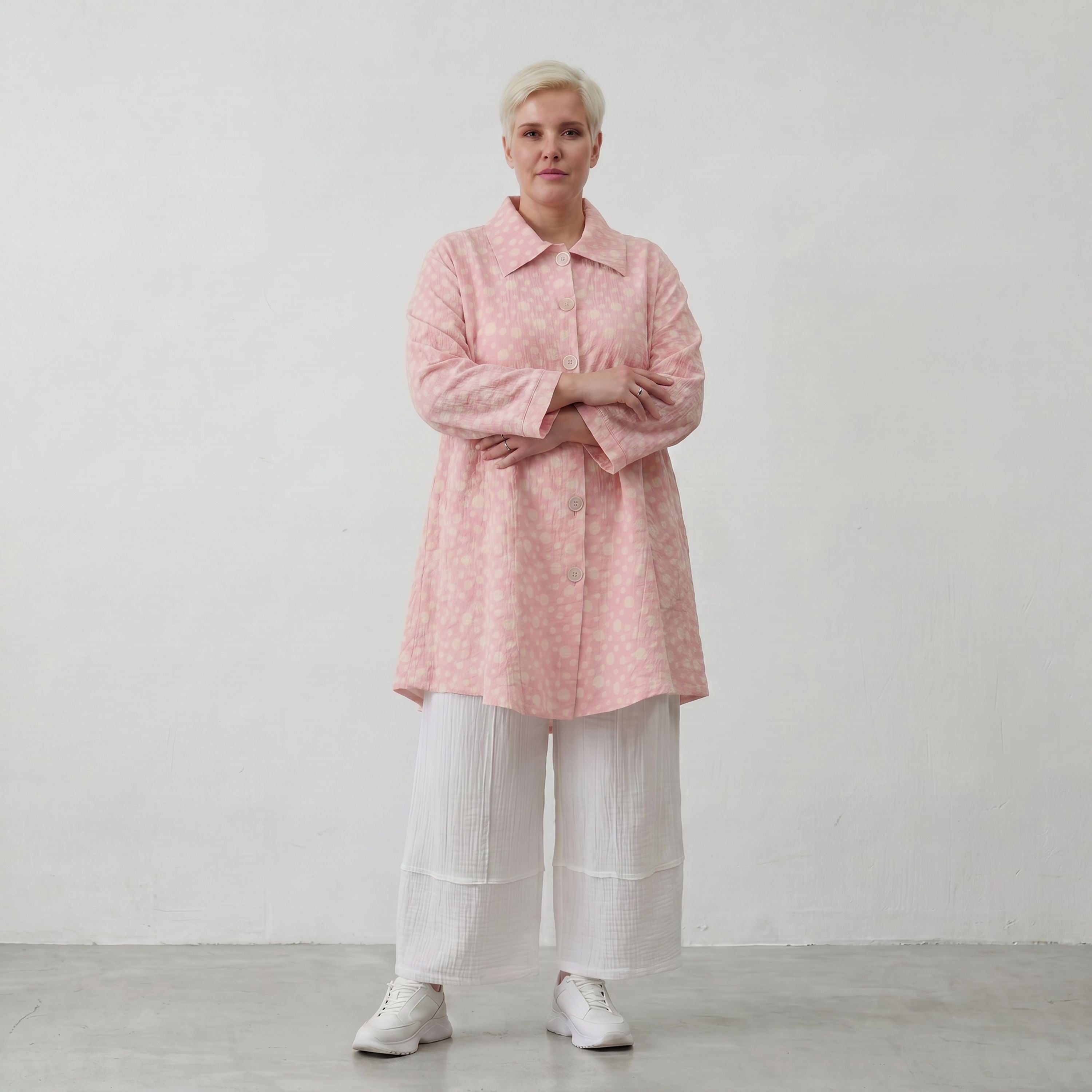 Luftige Baumwoll-Jacke in Glockenform mit Hemdkragen Rosa Ecru