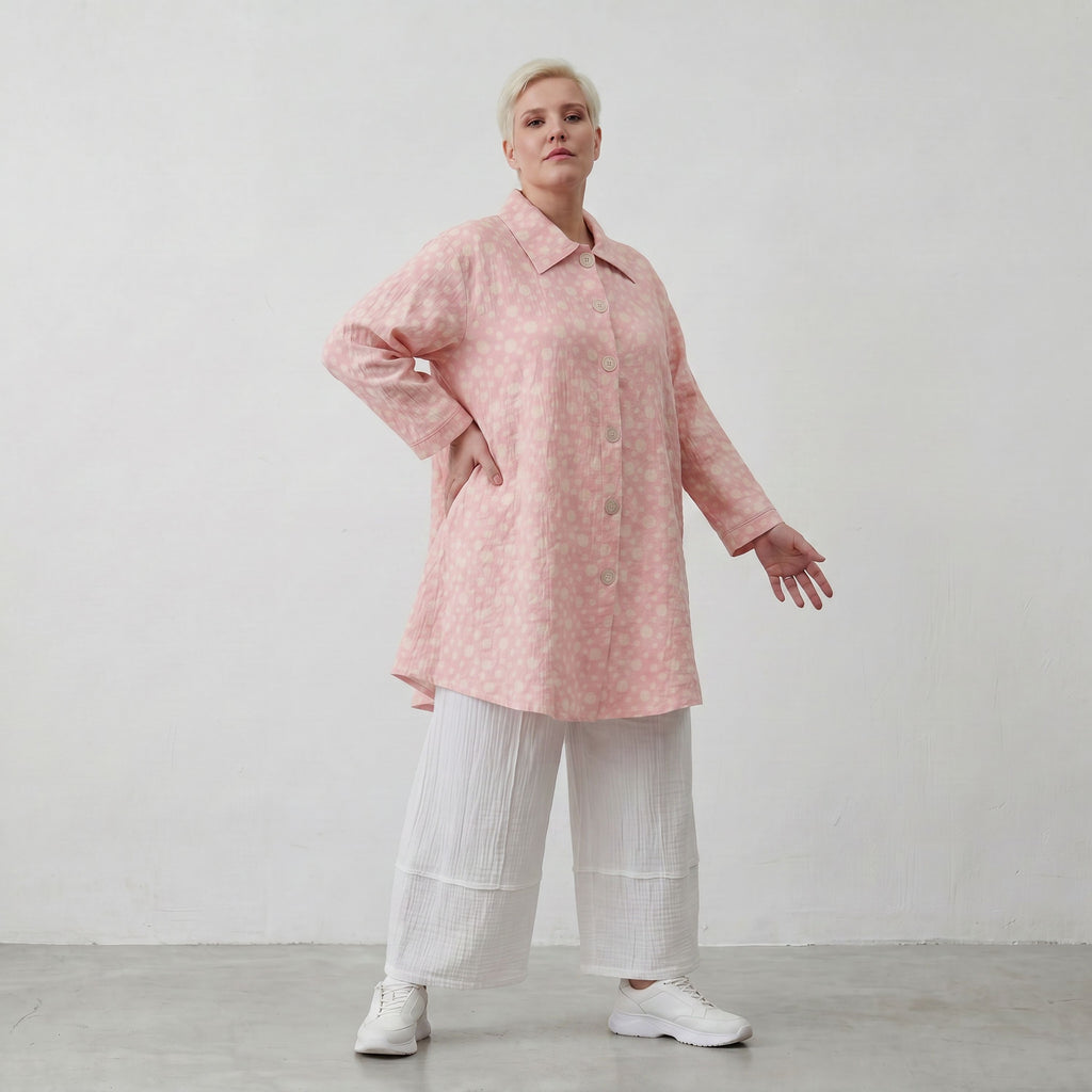 Luftige Baumwoll-Jacke in Glockenform mit Hemdkragen Rosa Ecru