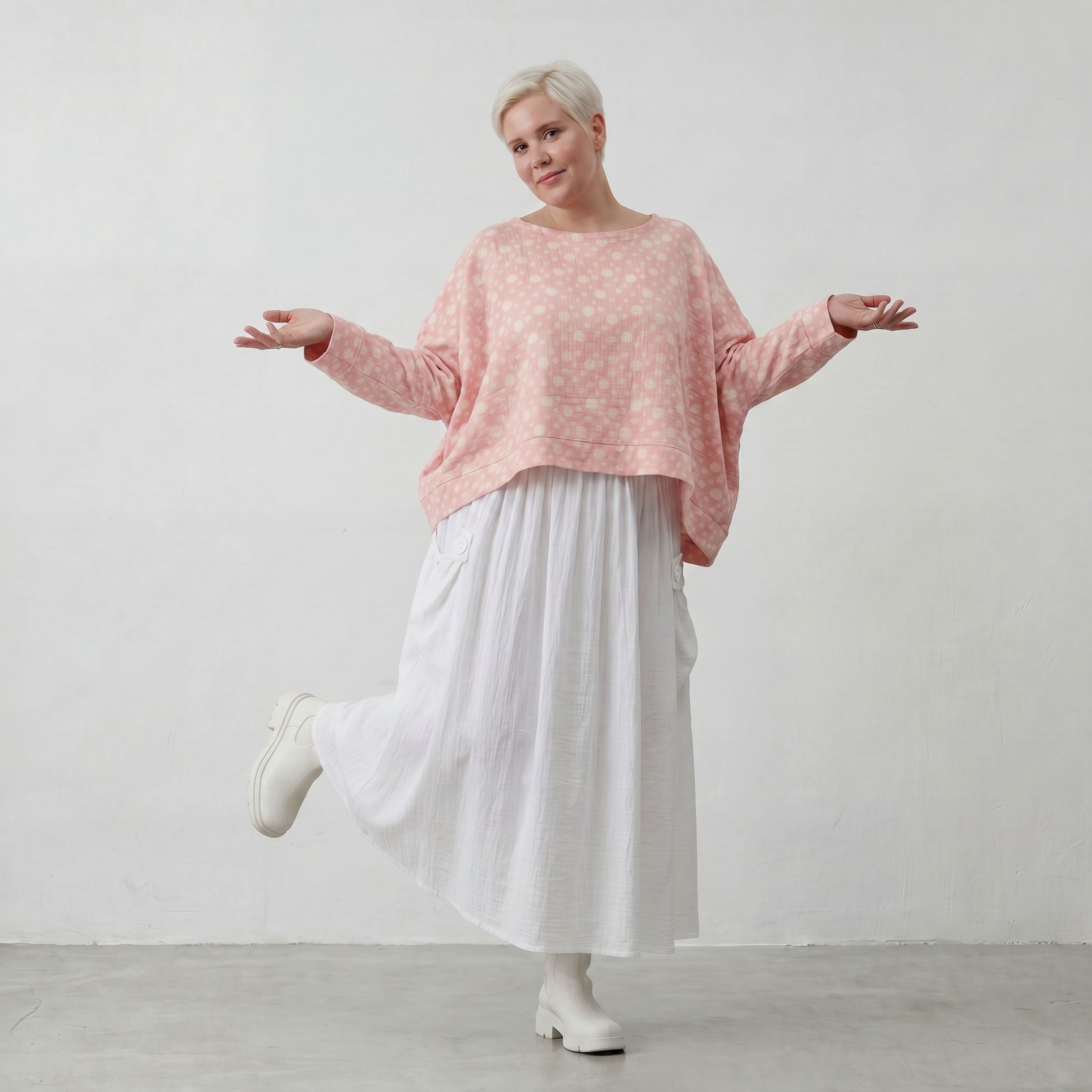 Luftiger Baumwoll-Überwurf in Rosa Ecru mit 3/4-Arm