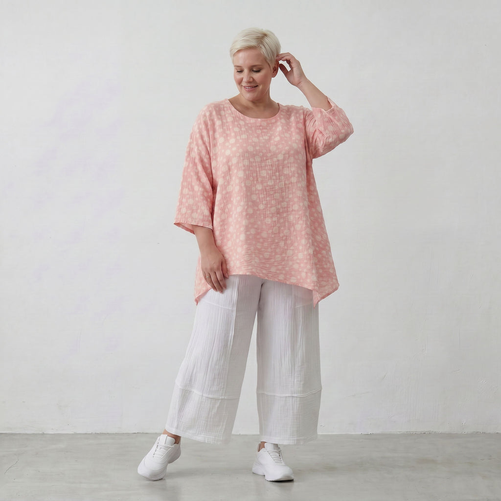 Luftiges Baumwoll-Shirt in A-Linie mit zartem Rosa-Ecru-Ton
