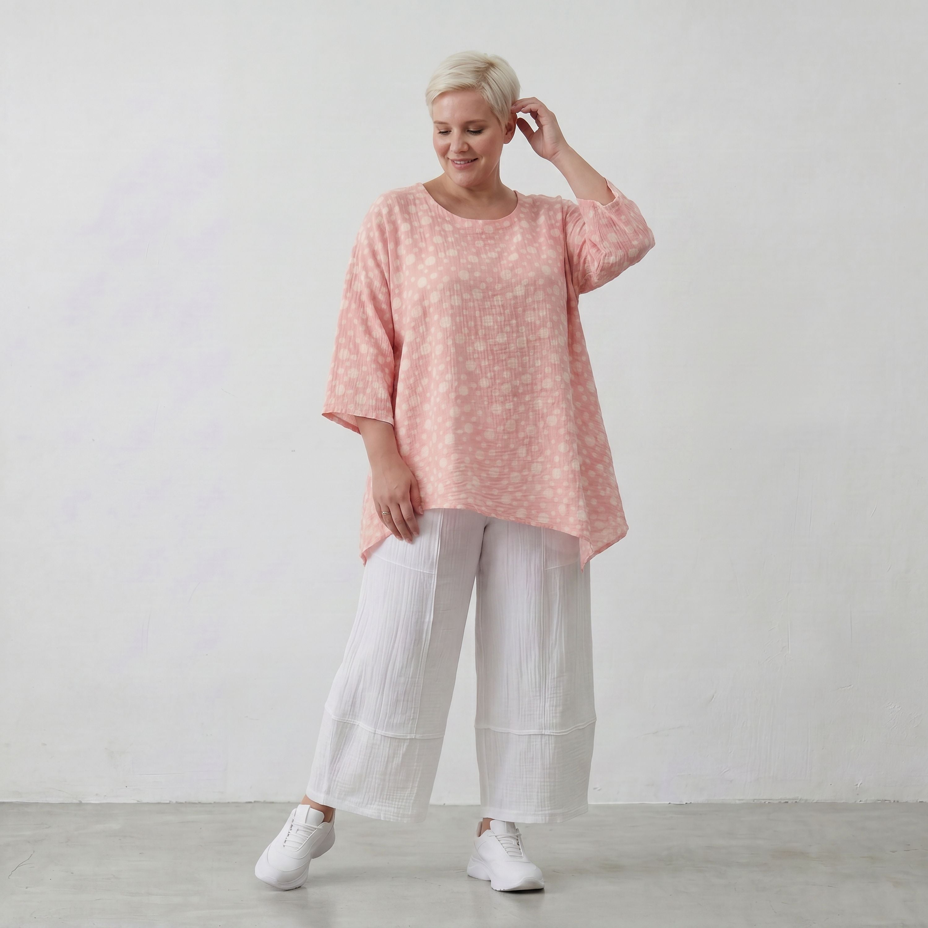 Luftiges Baumwoll-Shirt in A-Linie mit zartem Rosa-Ecru-Ton