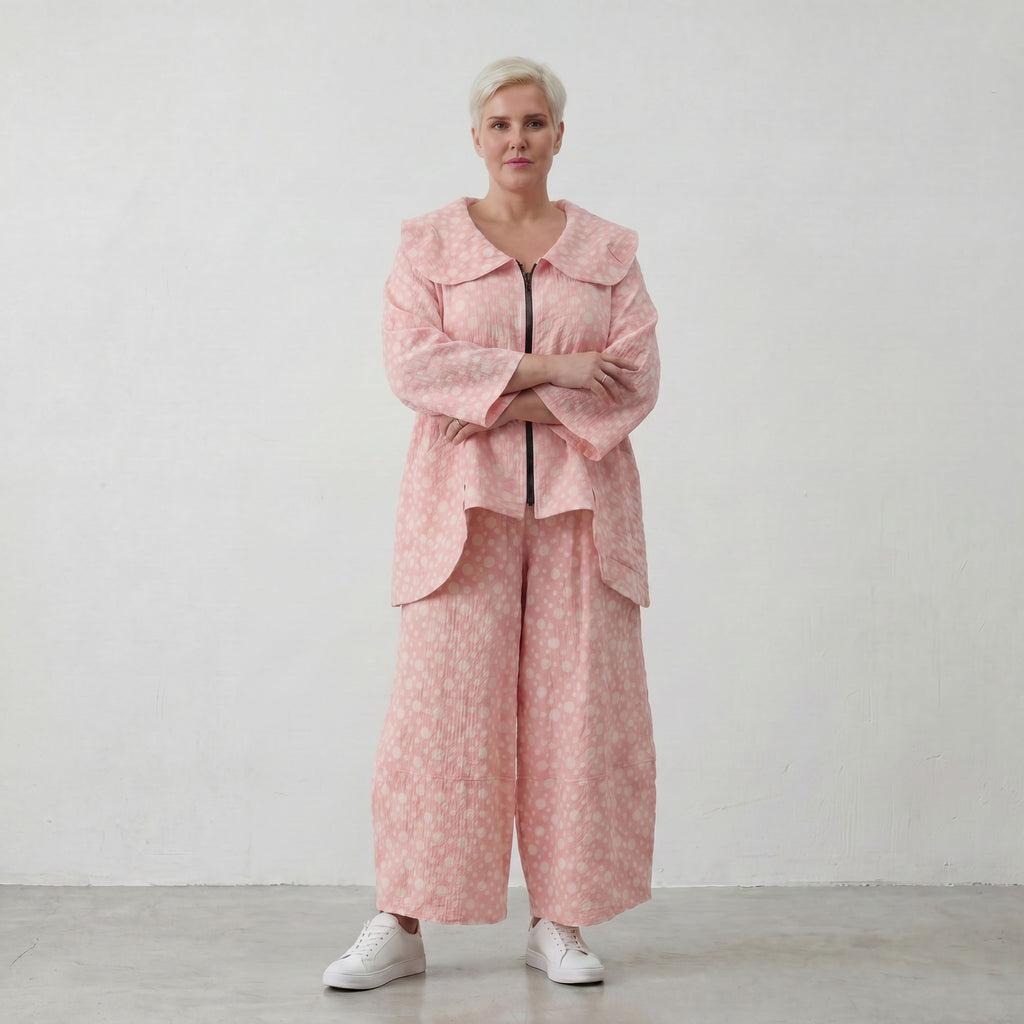 Luftige Baumwoll-Jacke in A-Linie mit Kragen in Rosa und Ecru