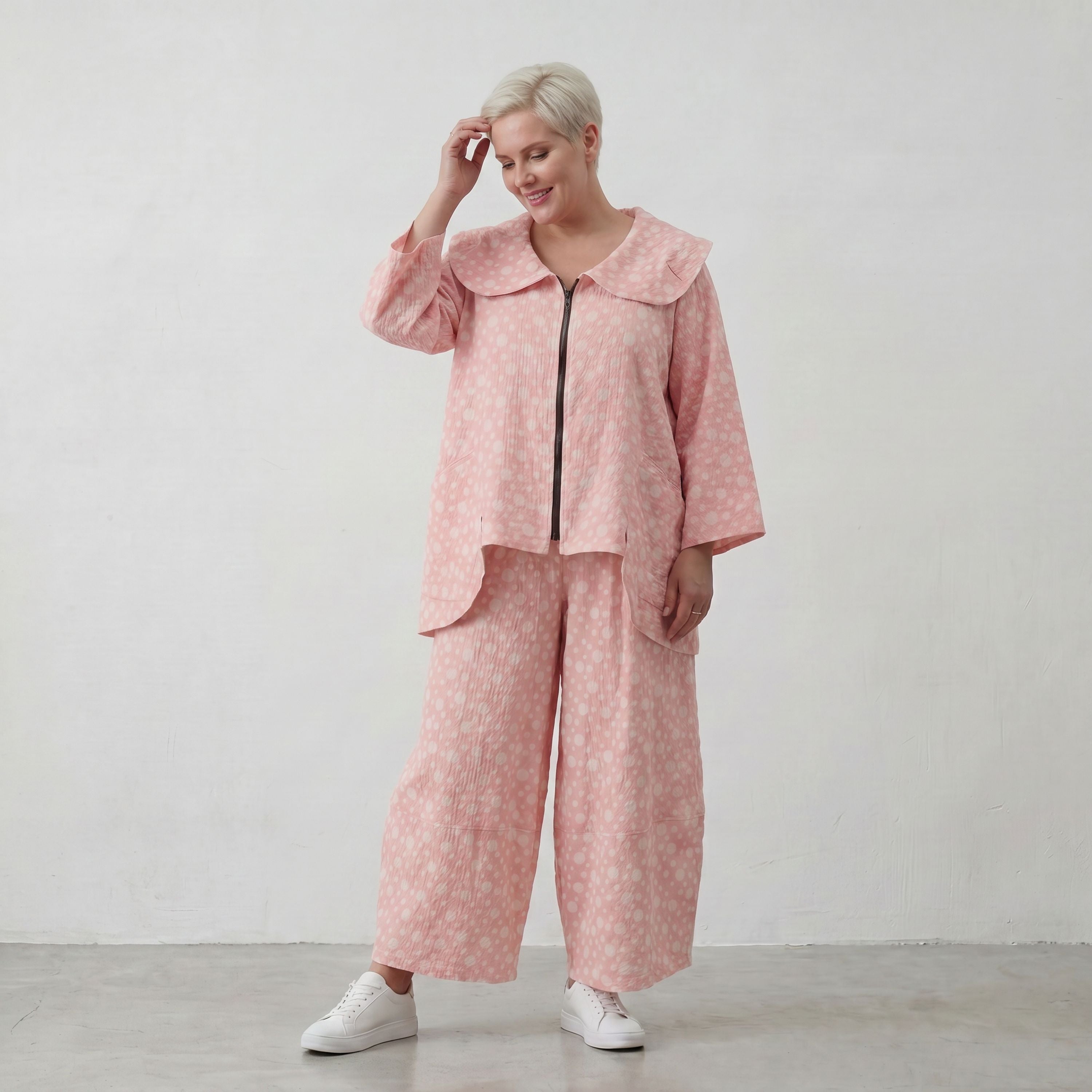 Luftige Baumwoll-Jacke in A-Linie mit Kragen in Rosa und Ecru
