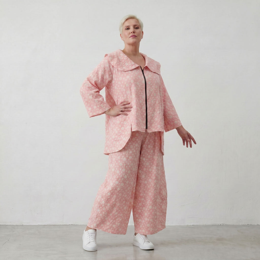 Weite Marlene-Hose aus Baumwoll-Mousseline in Rosa und Ecru