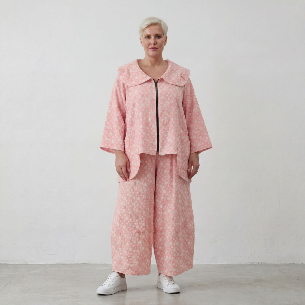 Weite Marlene-Hose aus Baumwoll-Mousseline in Rosa und Ecru