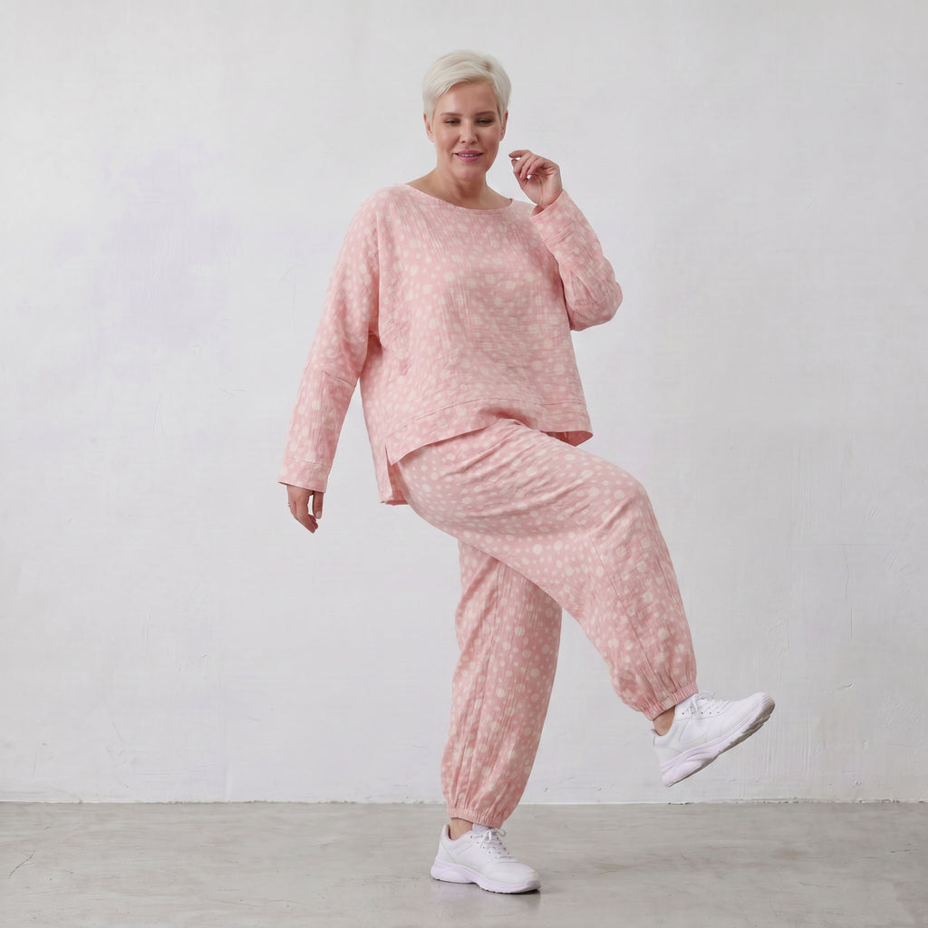 Luftige Ballon-Hose aus Mousseline in Rosa und Ecru