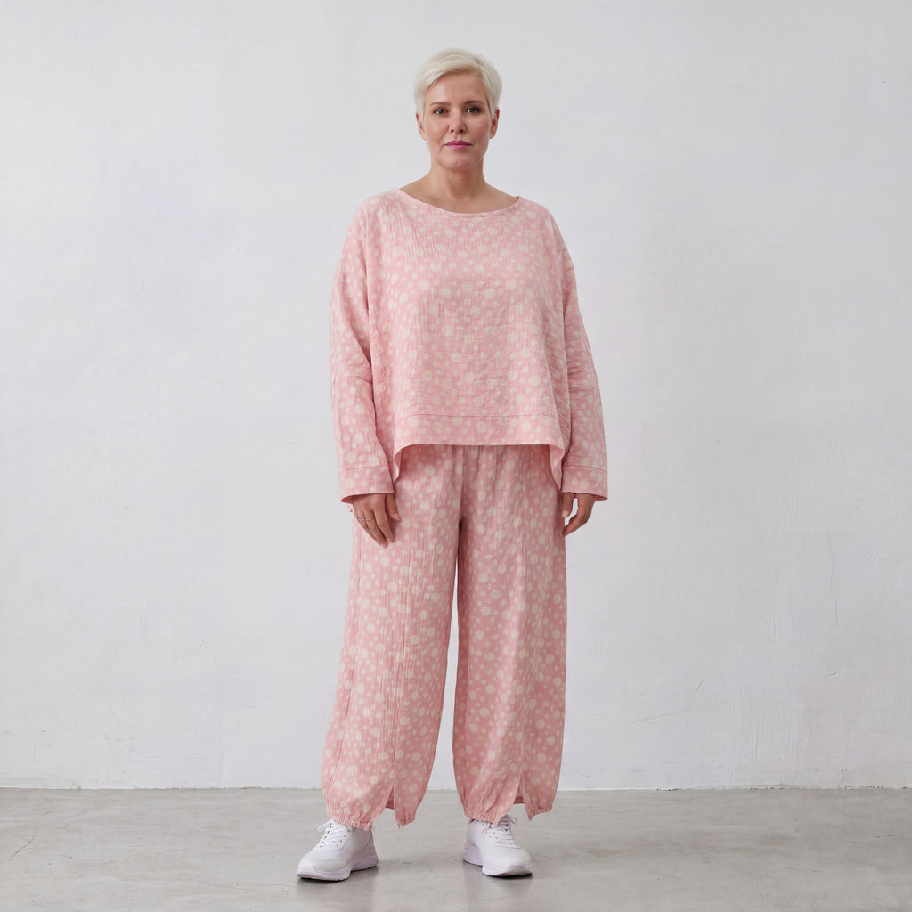 Luftige Ballon-Hose aus Mousseline in Rosa und Ecru
