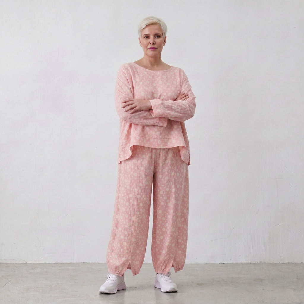 Luftige Ballon-Hose aus Mousseline in Rosa und Ecru