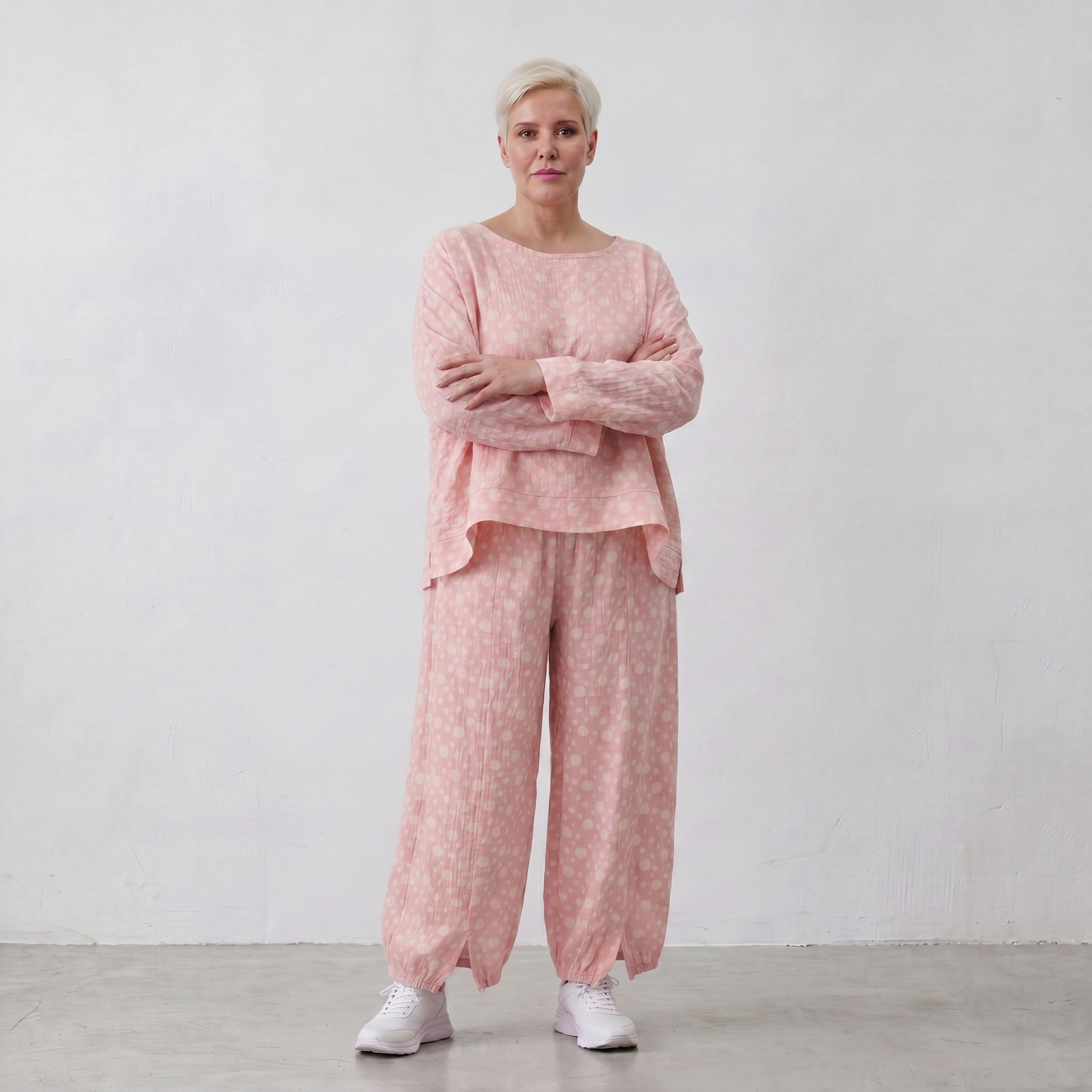 Luftige Ballon-Hose aus Mousseline in Rosa und Ecru