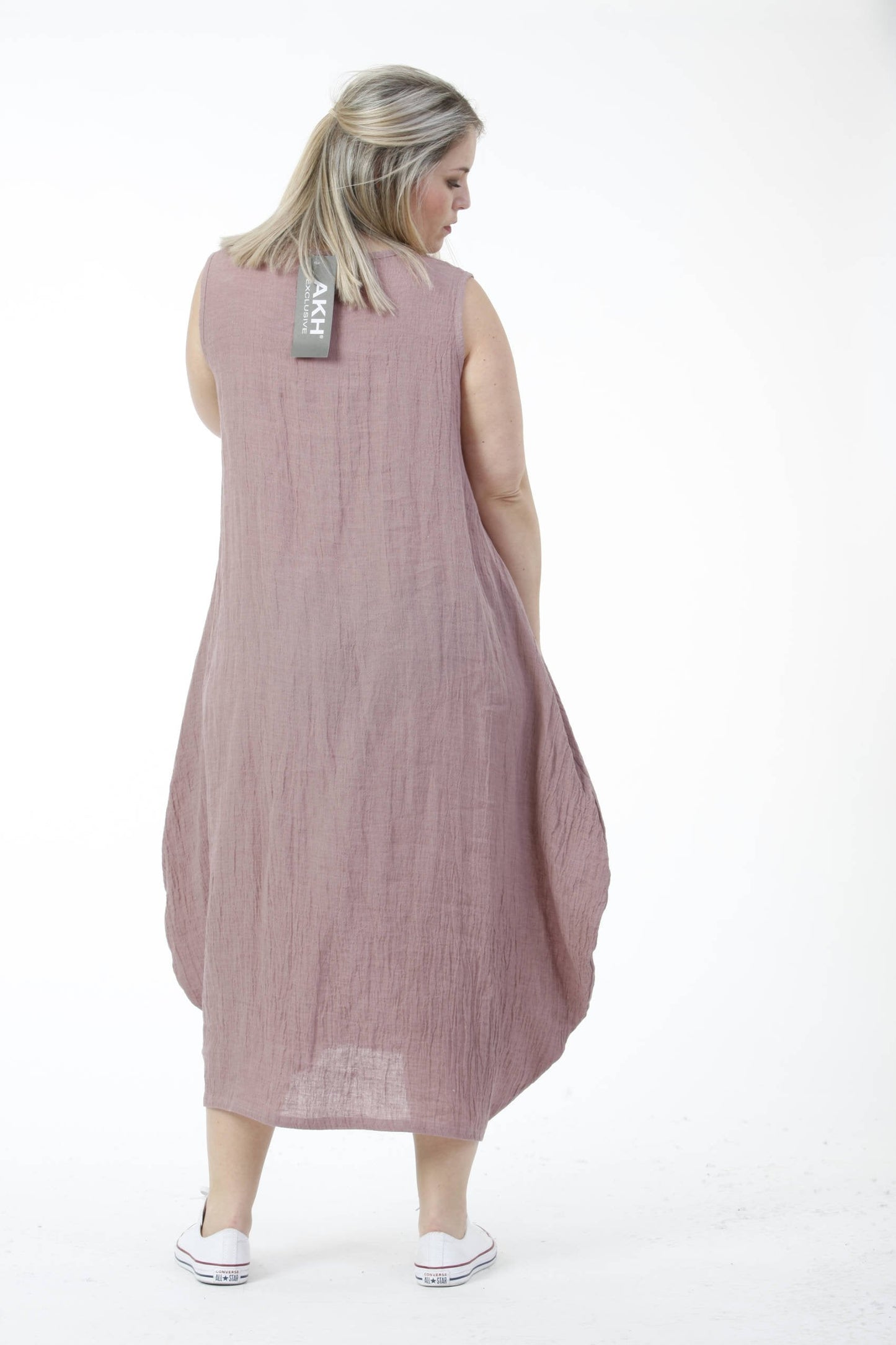 Summer dress in balloon shape made of linen quality, linen crush in old pink