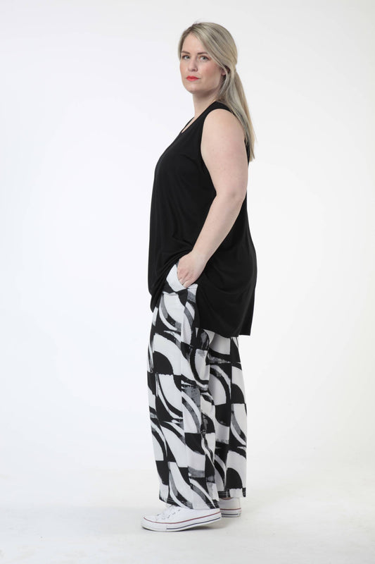 Sommer Hose in gerader Form aus er Satin Qualität, Bellamy in Schwarz-Wollweiß