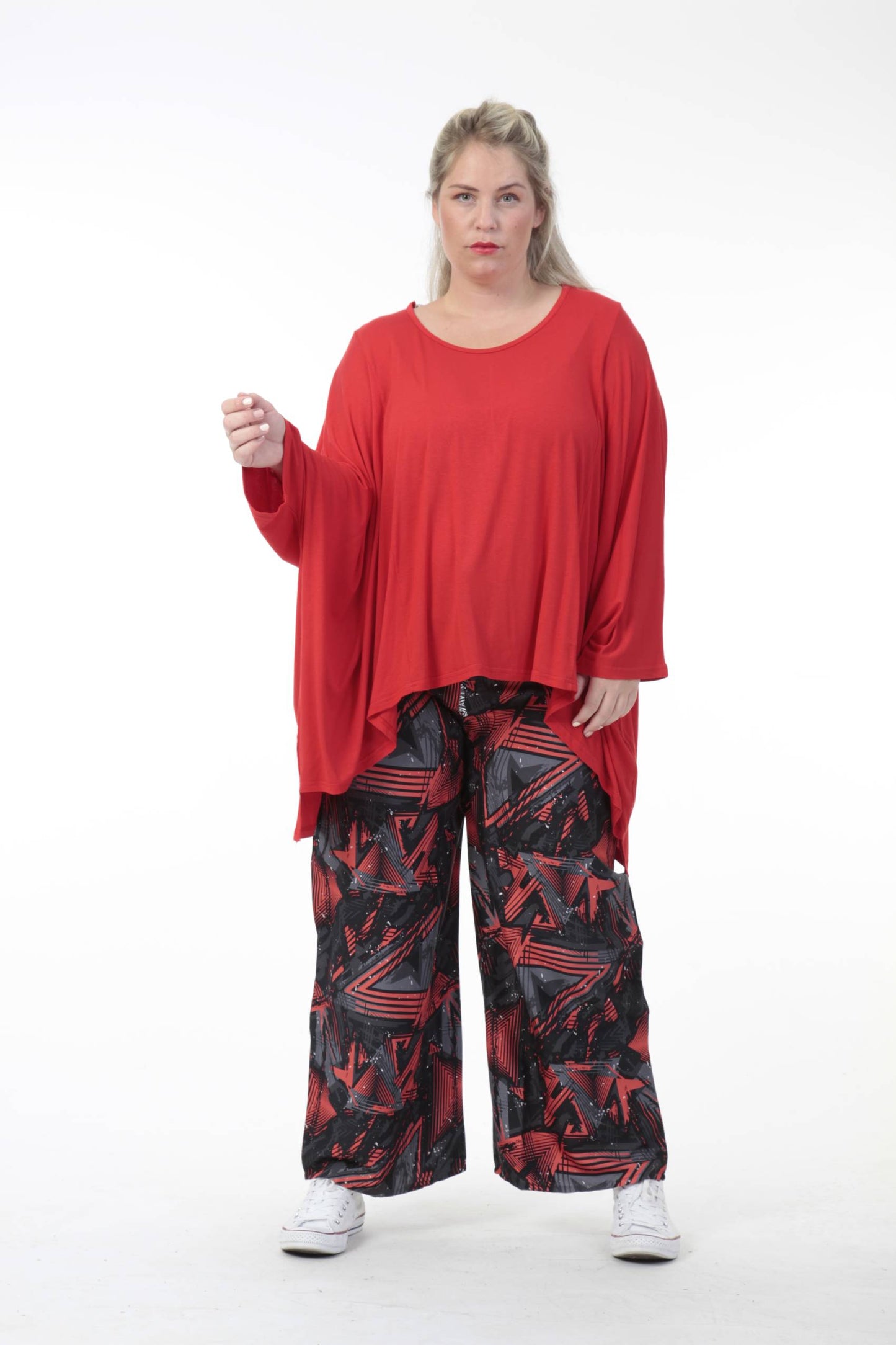 Summer trousers in a straight shape made of poplin quality, Sabzi graphic in red-anthracite