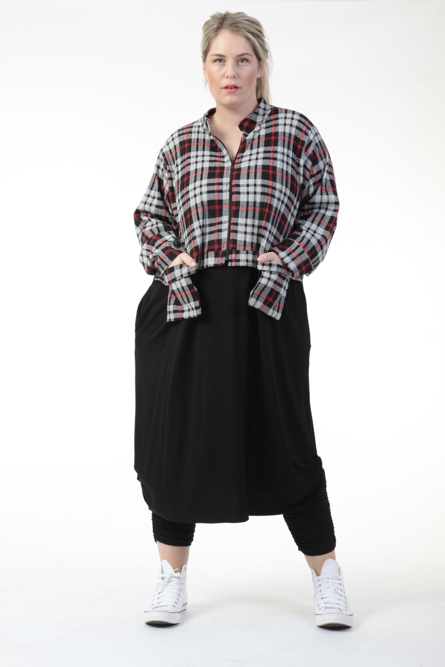 Winter dress in a straight shape made of jersey quality, tartan in gray-mustard