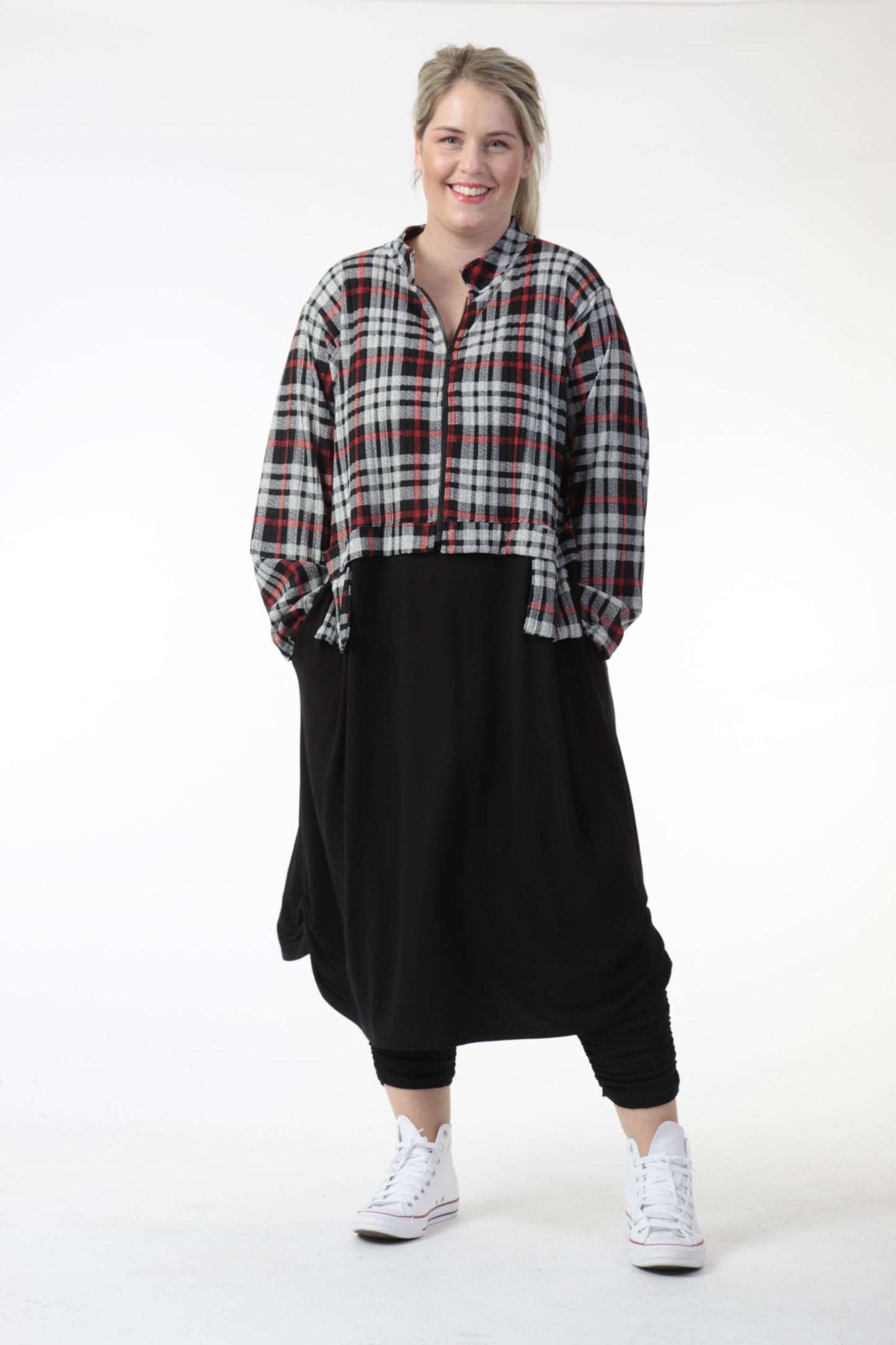 Winter dress in a straight shape made of jersey quality, tartan in gray-mustard