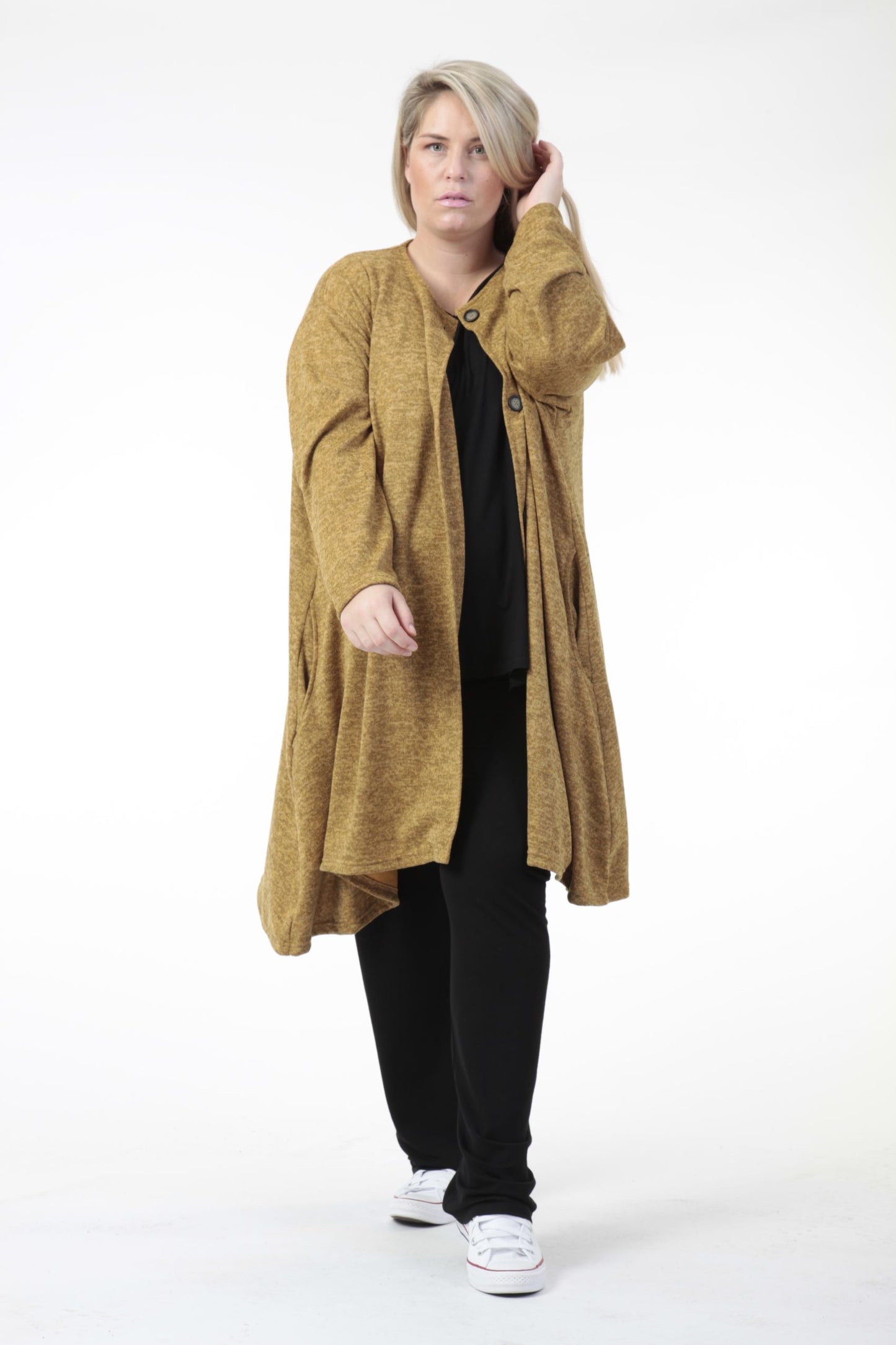 Winter jacket in A-shape made of fine knit quality, Silvia in mustard