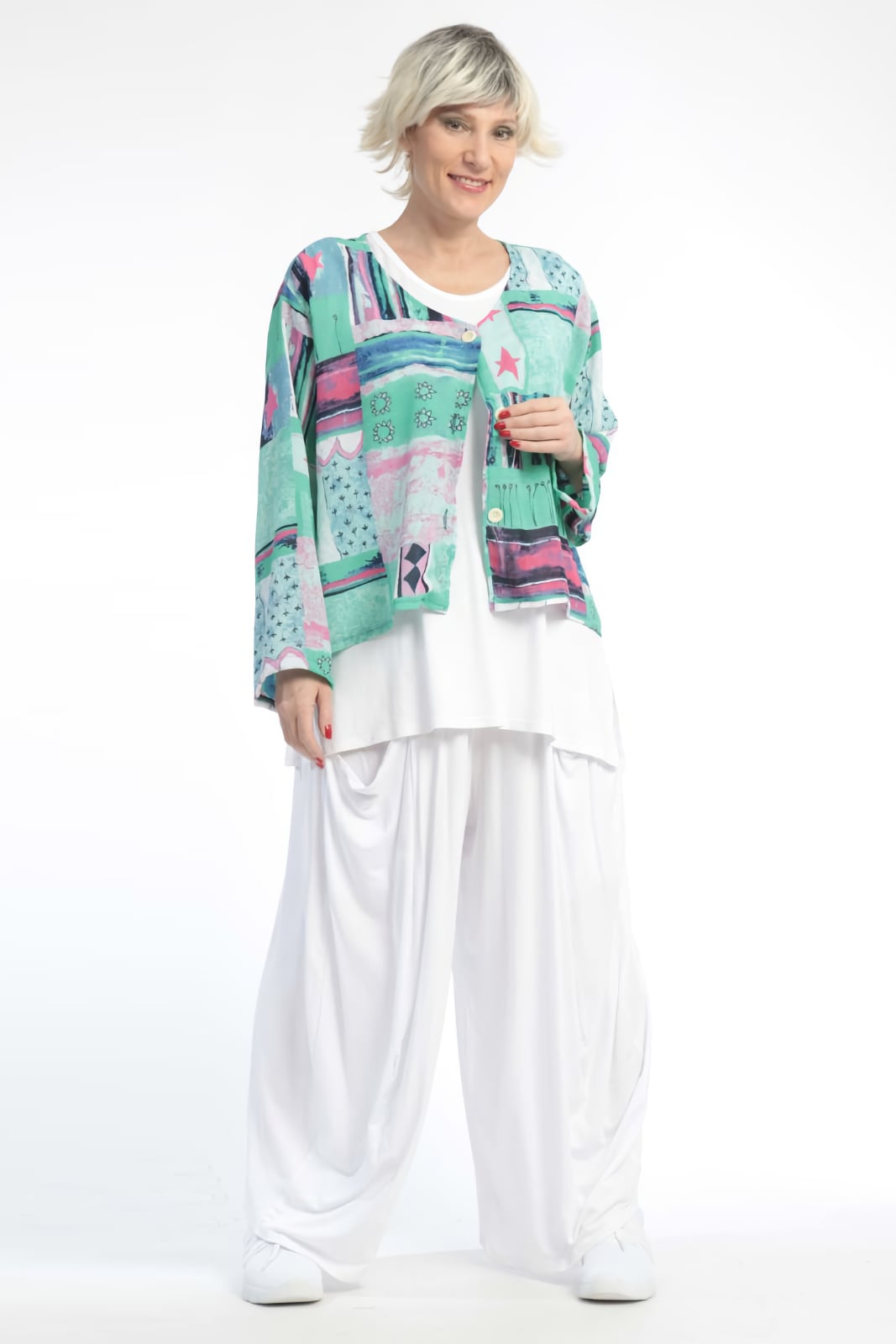 Summer jacket in a rounded shape made of chiffon quality, Beach in green-multi