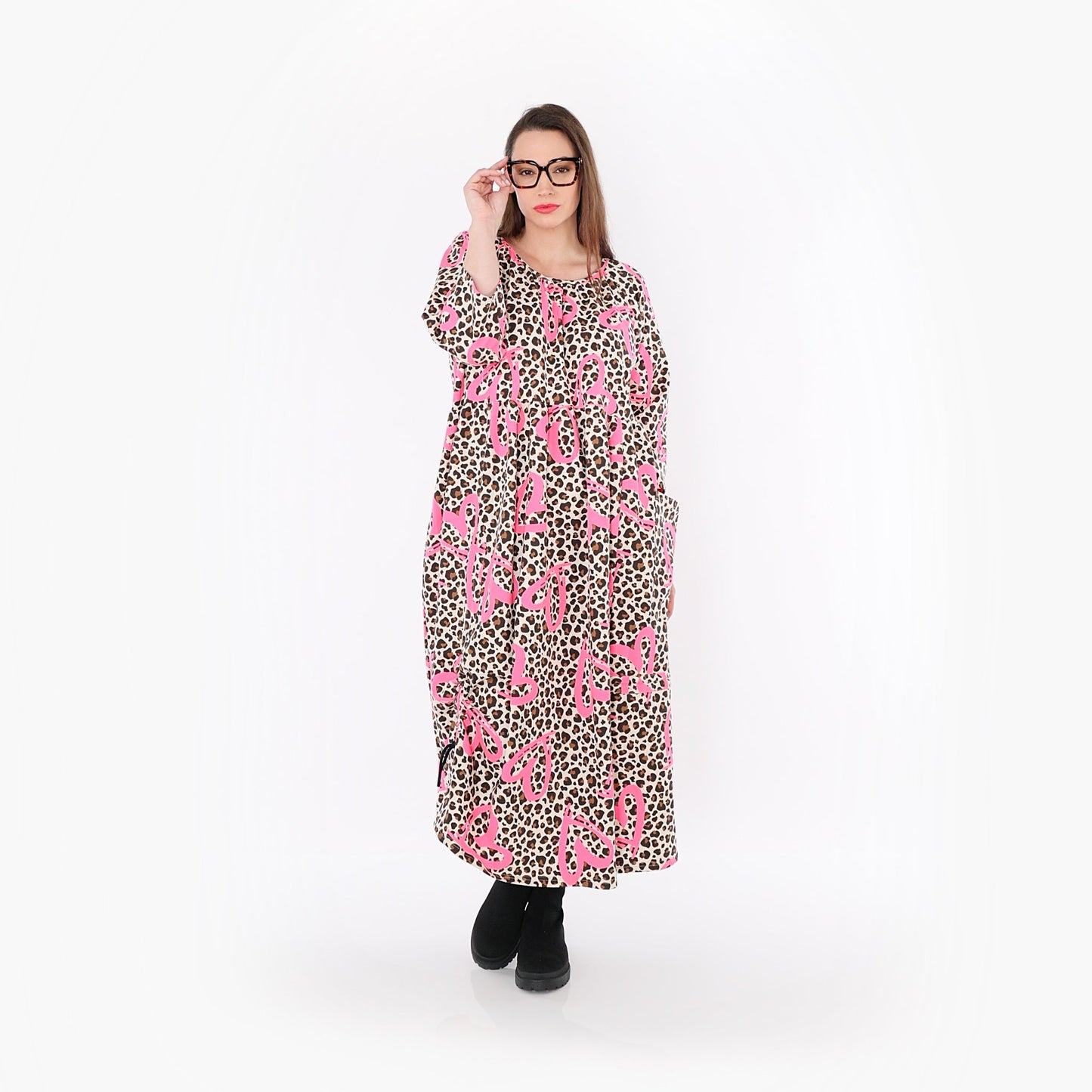 AKH Fashion 7122 Kleid, Beige-Braun-Fuchsia