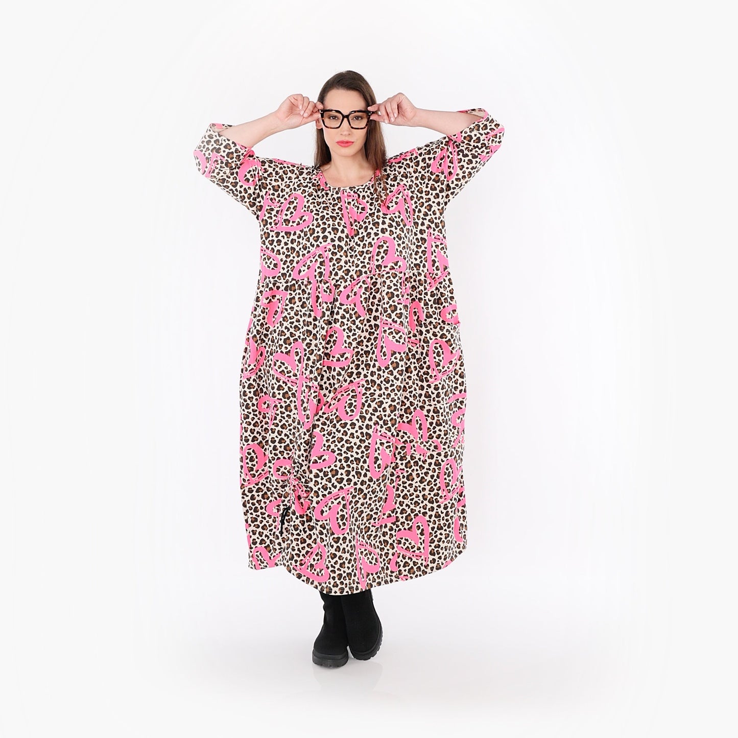 AKH Fashion 7122 Kleid, Beige-Braun-Fuchsia