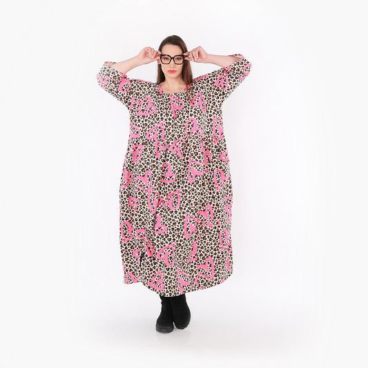 AKH Fashion 7122 Kleid, Beige-Braun-Fuchsia