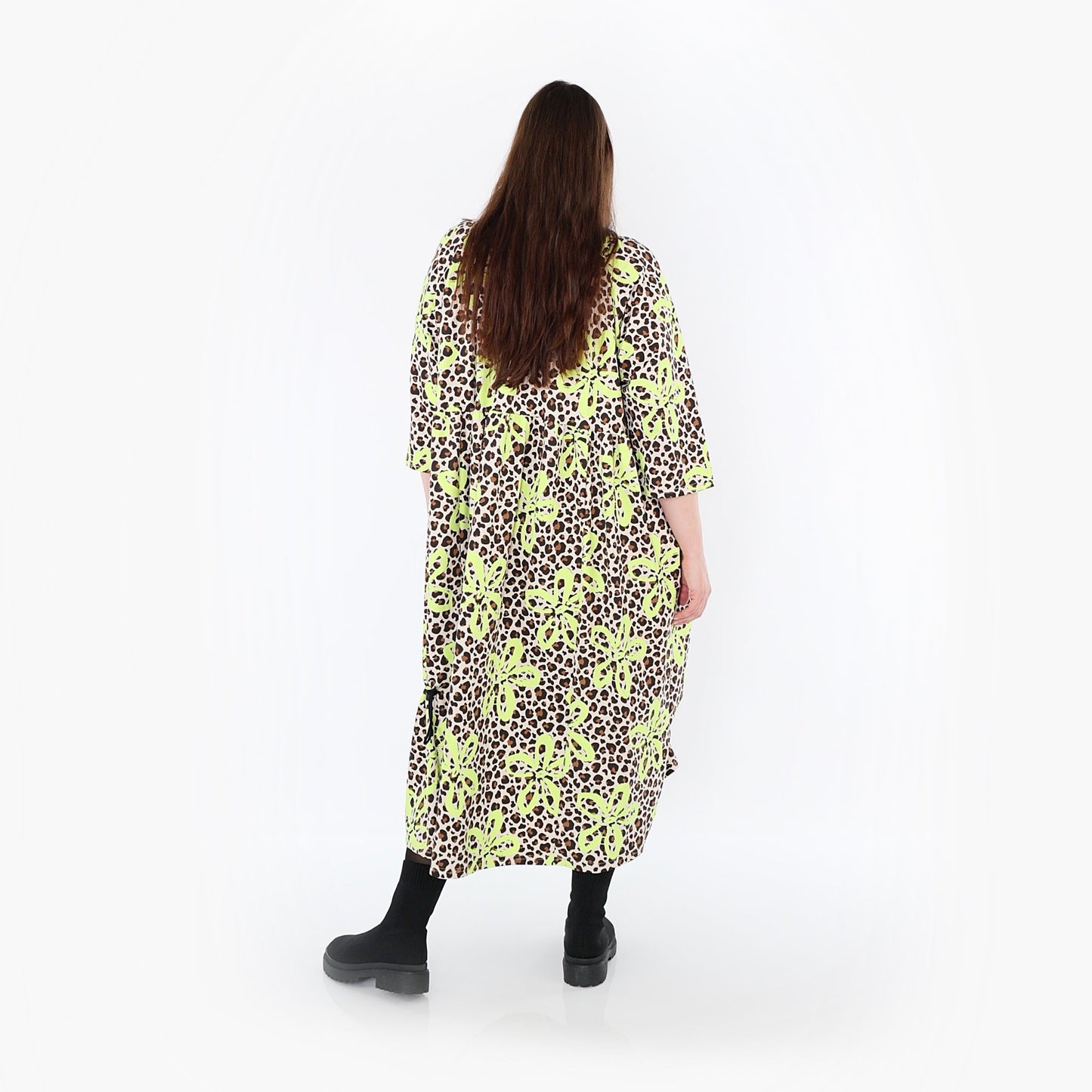 AKH Fashion 7122 Kleid, Beige-Braun-Neongrün