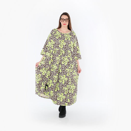 AKH Fashion 7122 Kleid, Beige-Braun-Neongrün