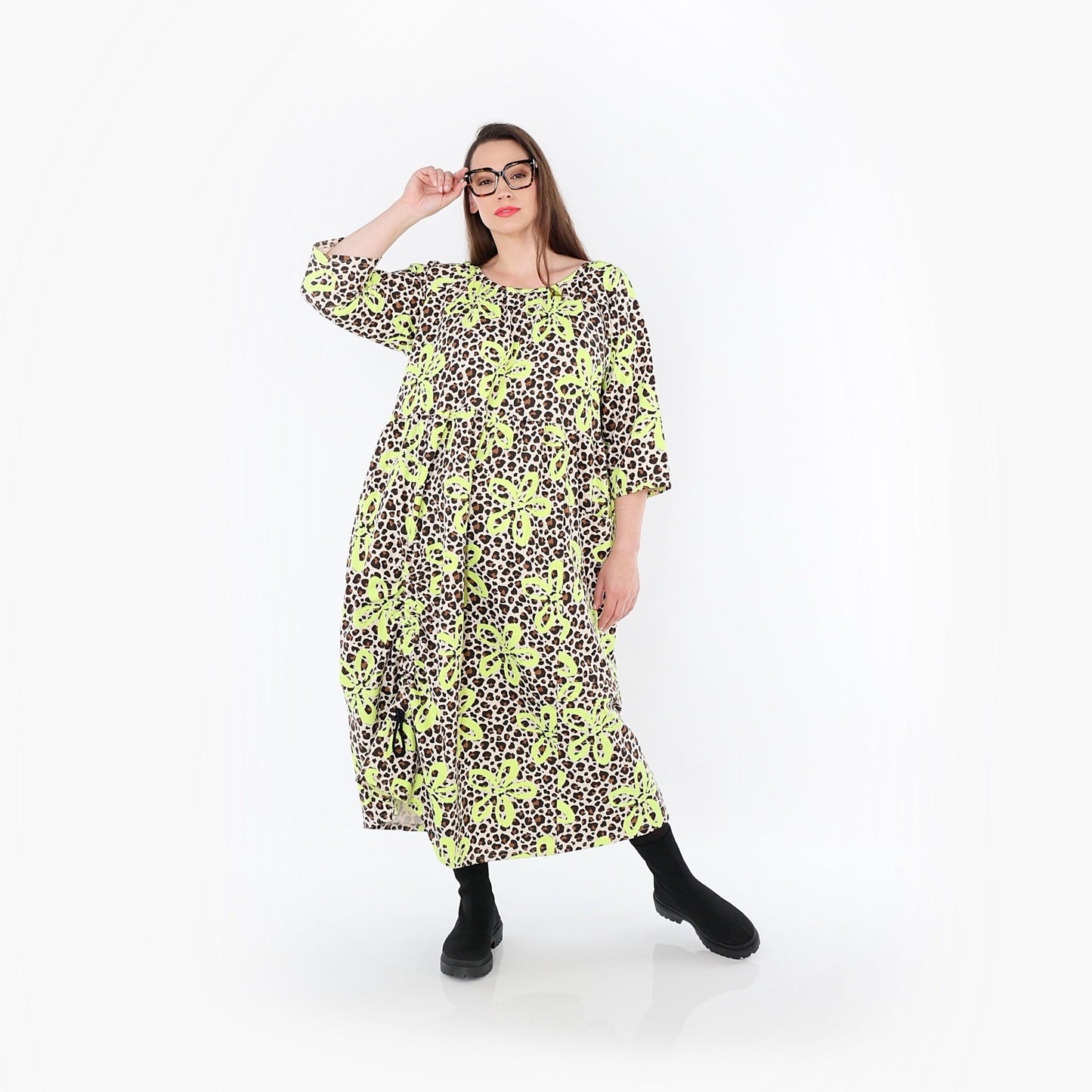 AKH Fashion 7122 Kleid, Beige-Braun-Neongrün