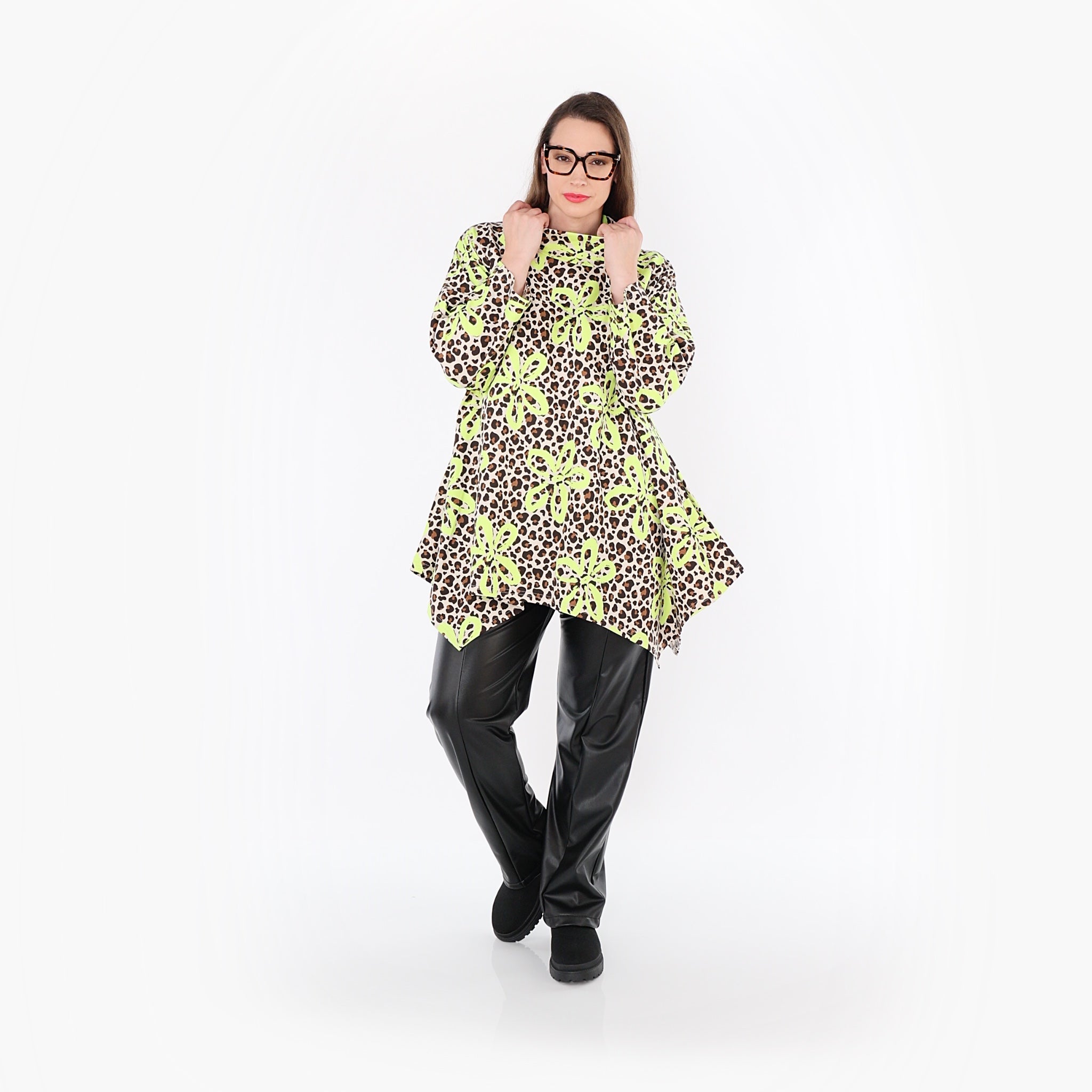 AKH Fashion 7123 Big Shirt, Beige-Brown-Neon Green