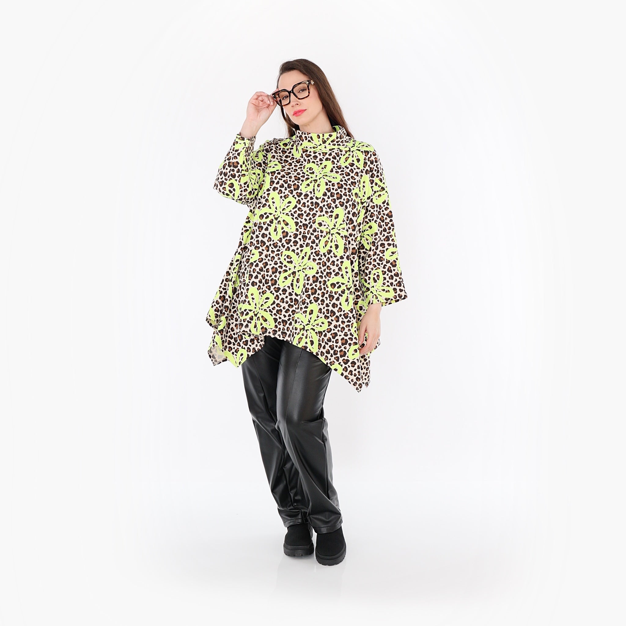 AKH Fashion 7123 Big Shirt, Beige-Brown-Neon Green
