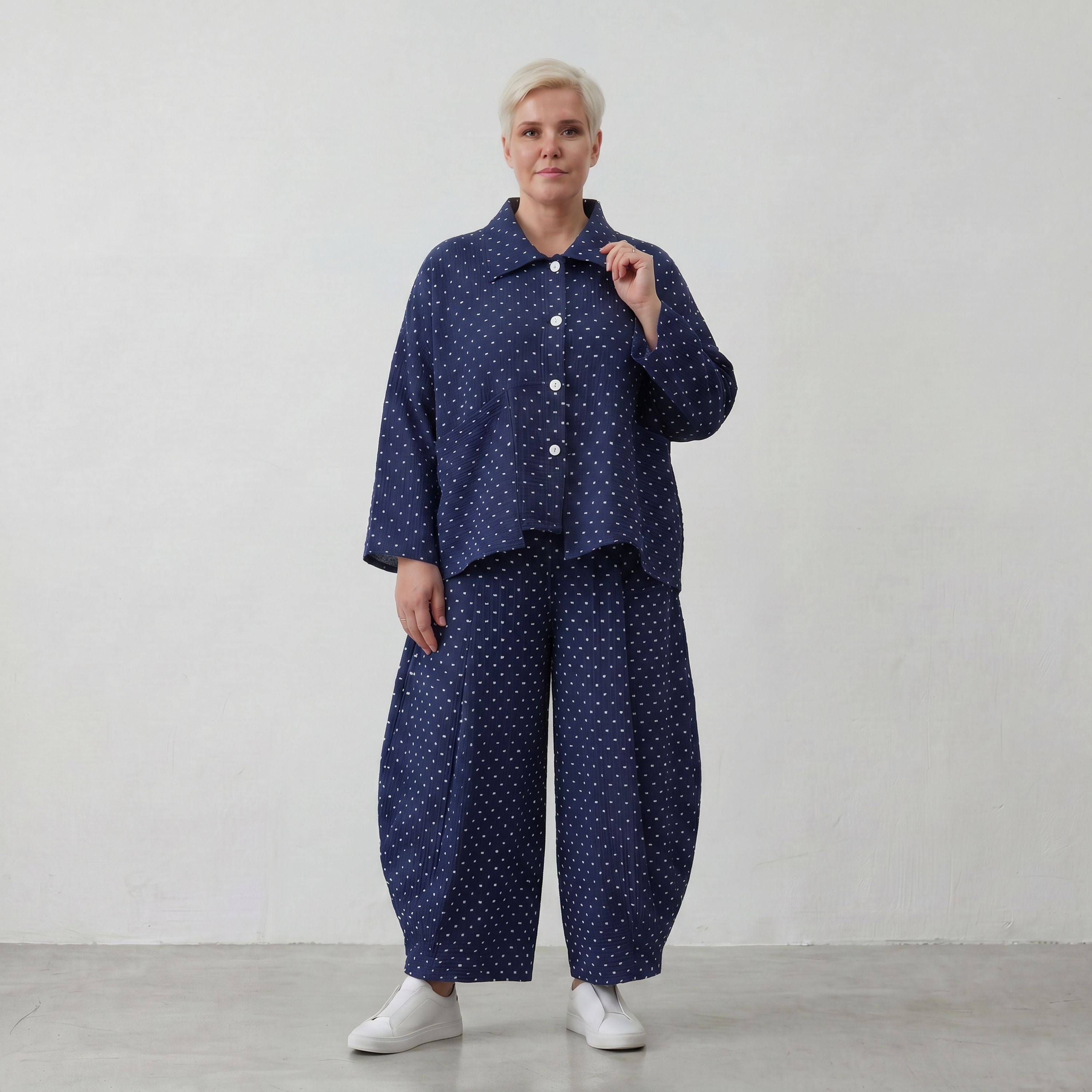 Leichte Jacquard-Jacke mit Hemdkragen in Dunkelblau Weiß