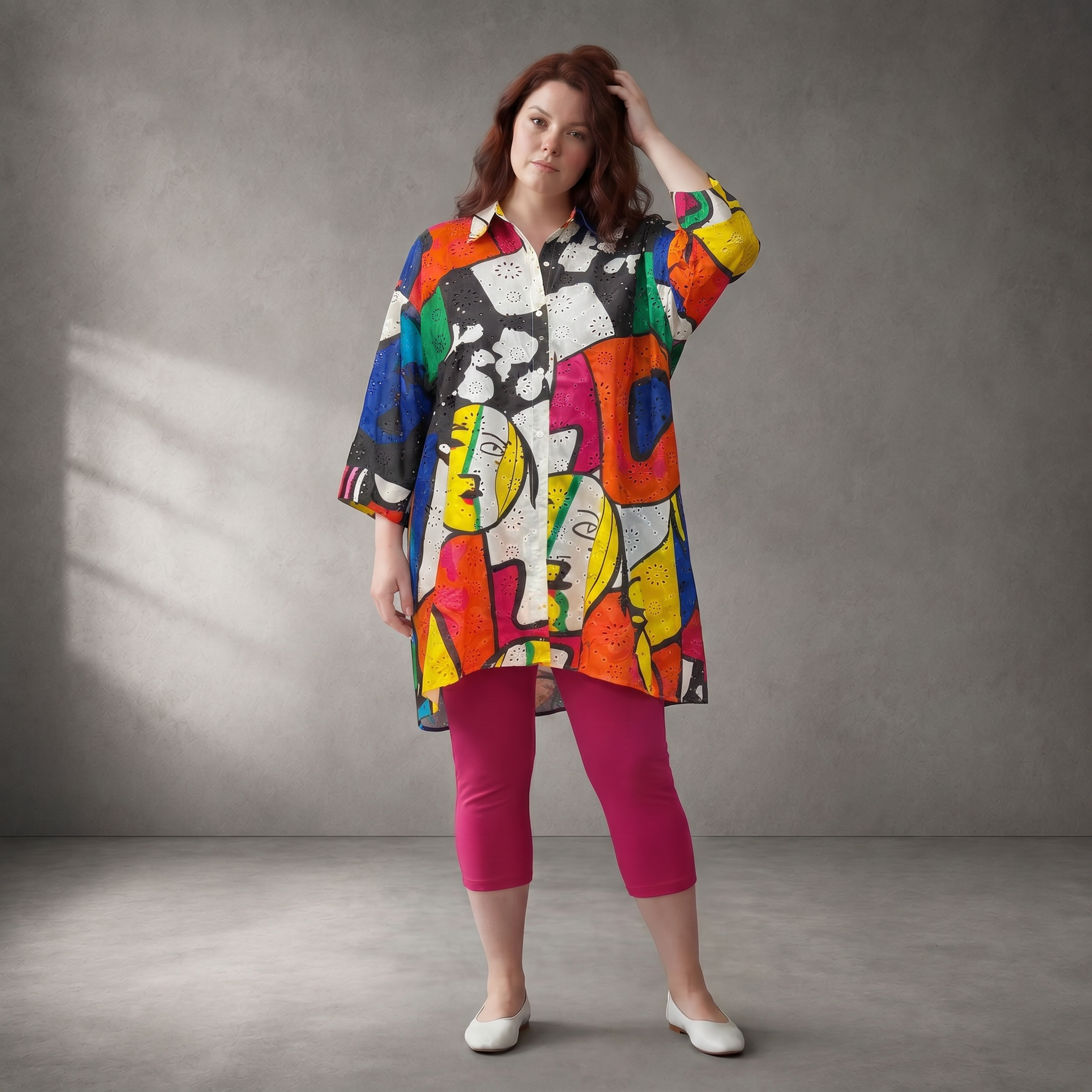 Funky Diva Oversized Brokat-Bluse mit Hemdkragen & 3/4-Arm