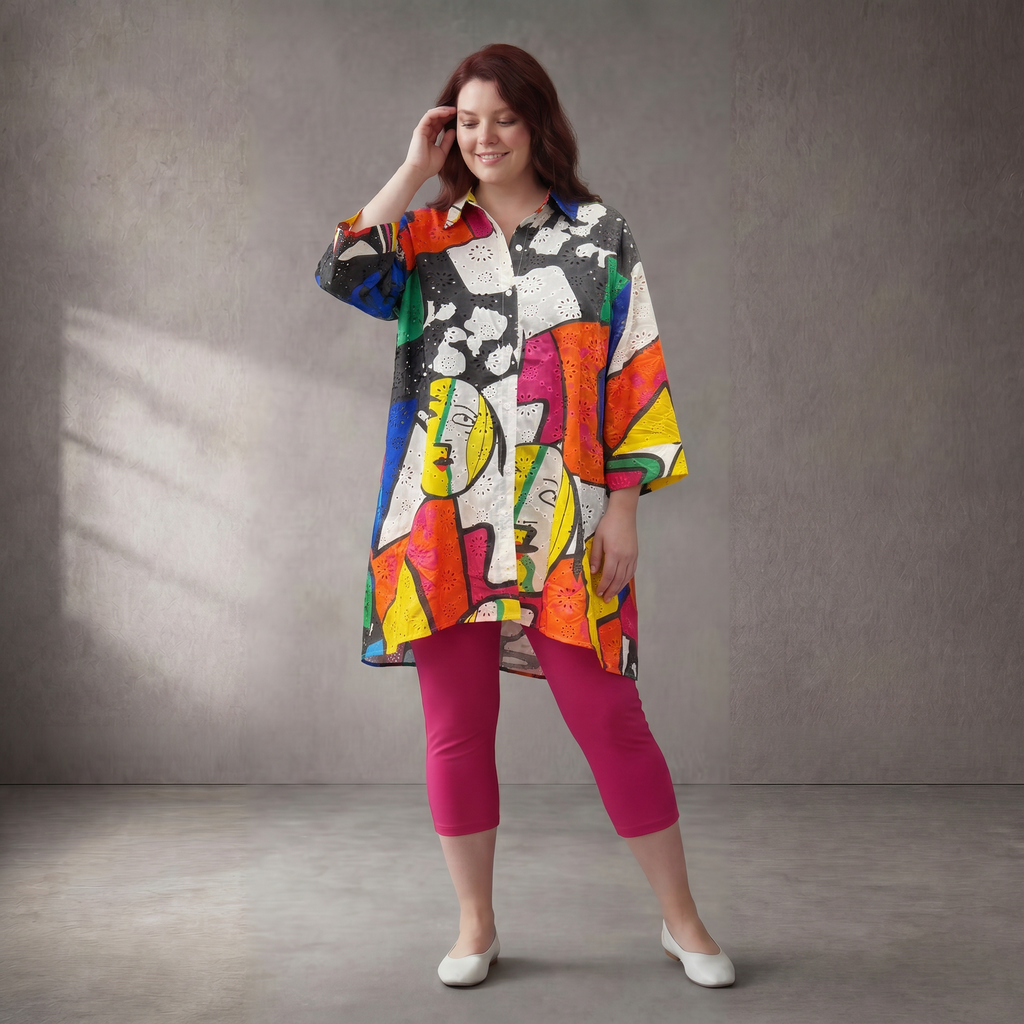 Funky Diva Oversized Brokat-Bluse mit Hemdkragen & 3/4-Arm