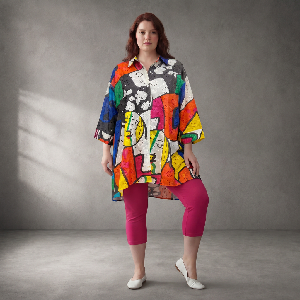 Funky Diva Oversized Brokat-Bluse mit Hemdkragen & 3/4-Arm