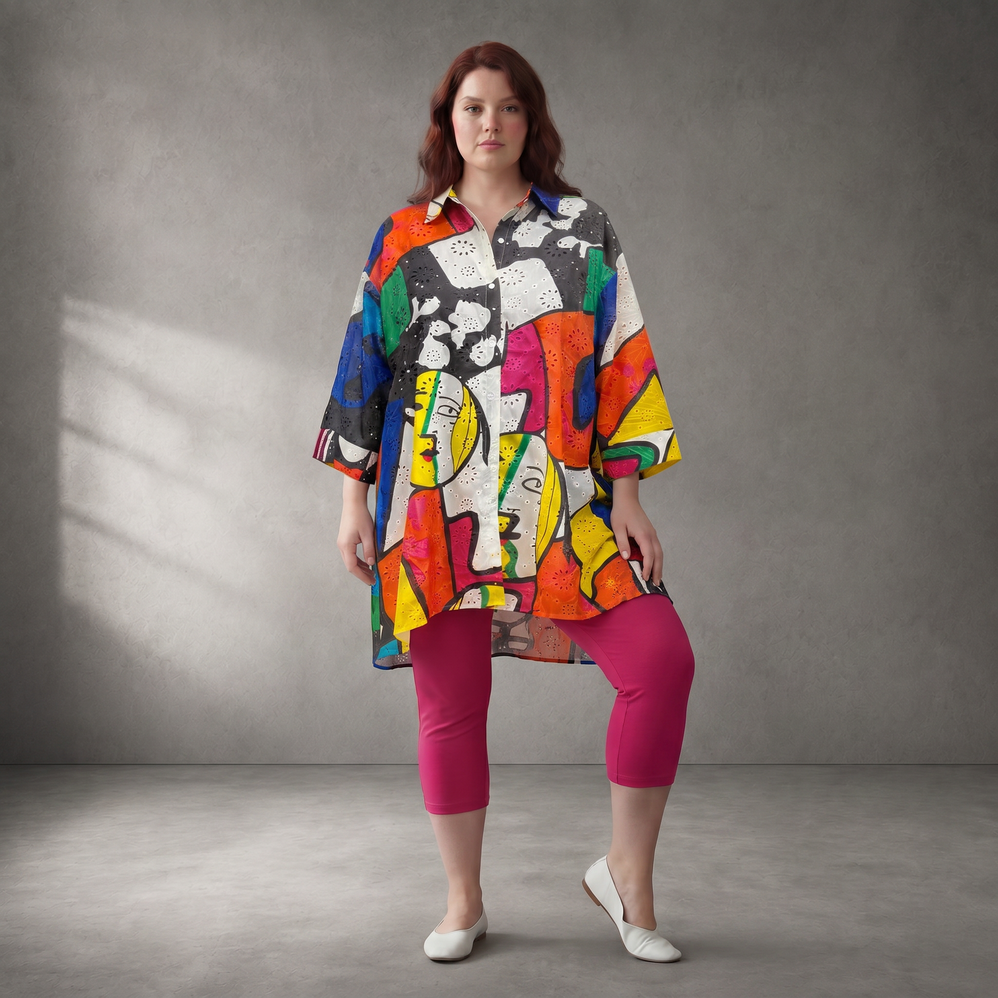 Funky Diva Oversized Brokat-Bluse mit Hemdkragen & 3/4-Arm