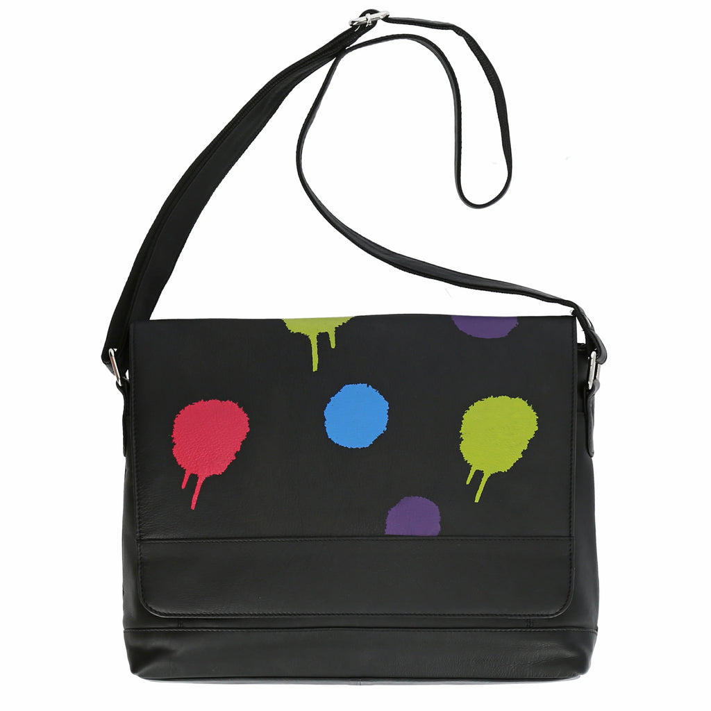 Winter shoulder bag in a straight shape made of fine quality leather, baggy in black with polka dots