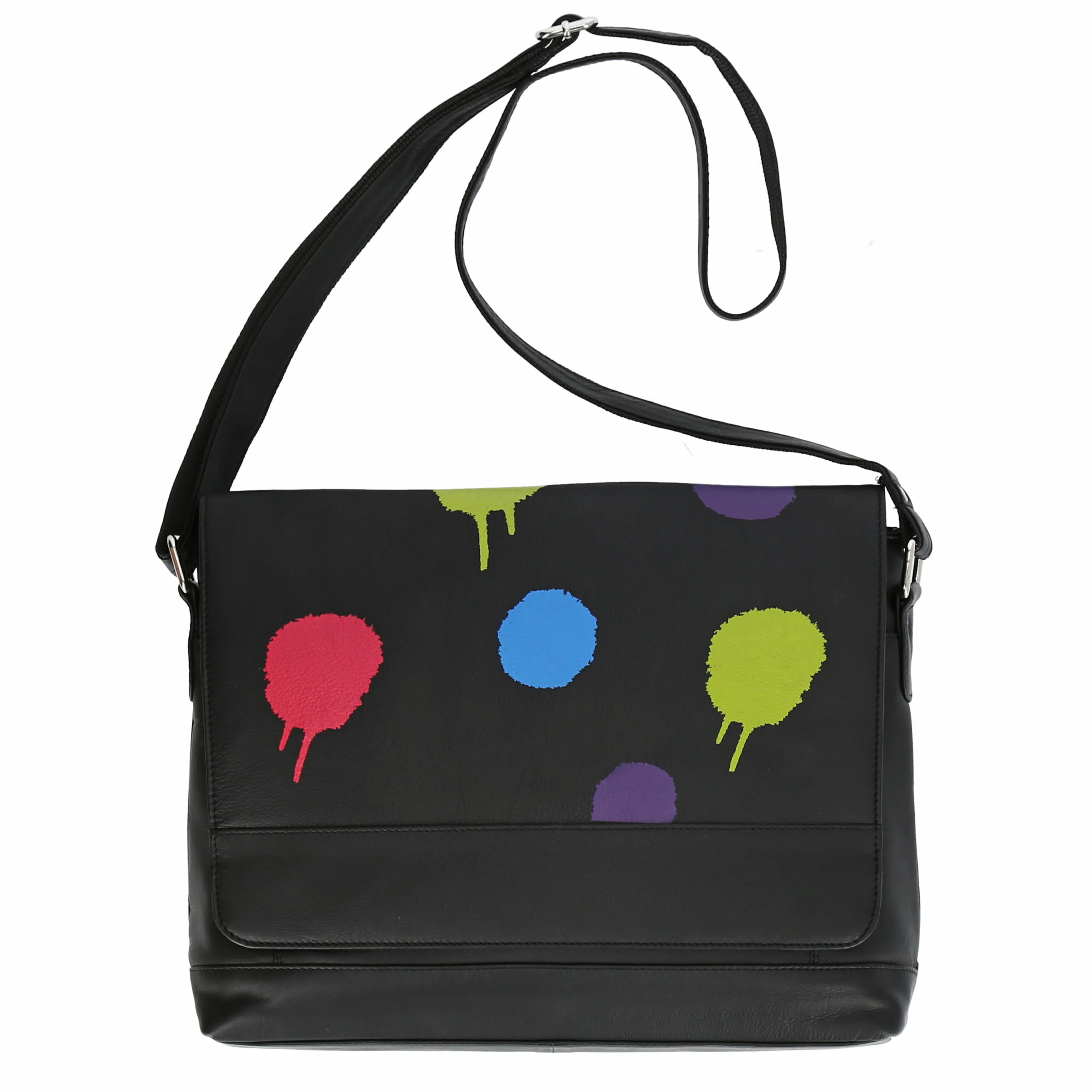 Winter shoulder bag in a straight shape made of fine quality leather, baggy in black with polka dots