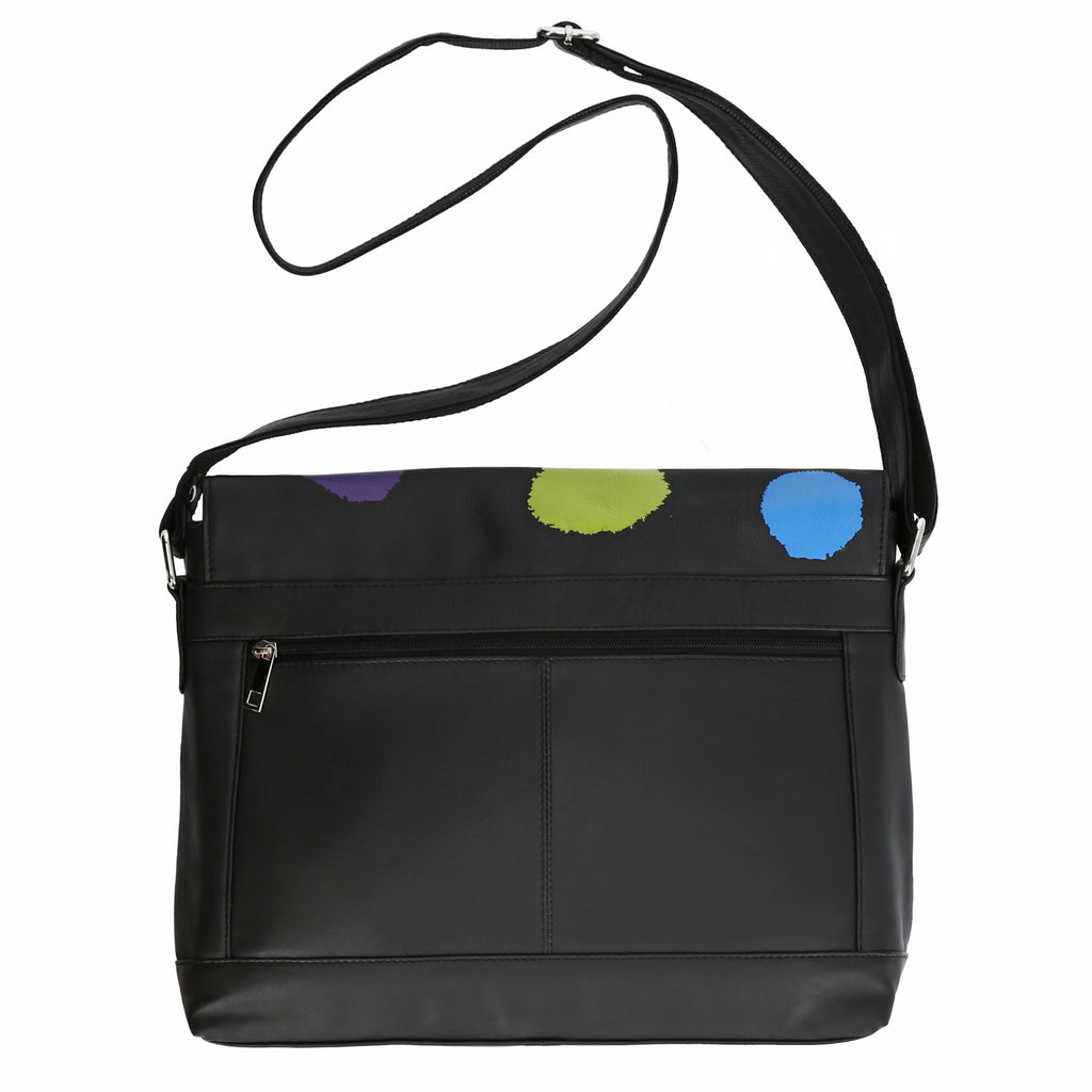 Winter shoulder bag in a straight shape made of fine quality leather, baggy in black with polka dots