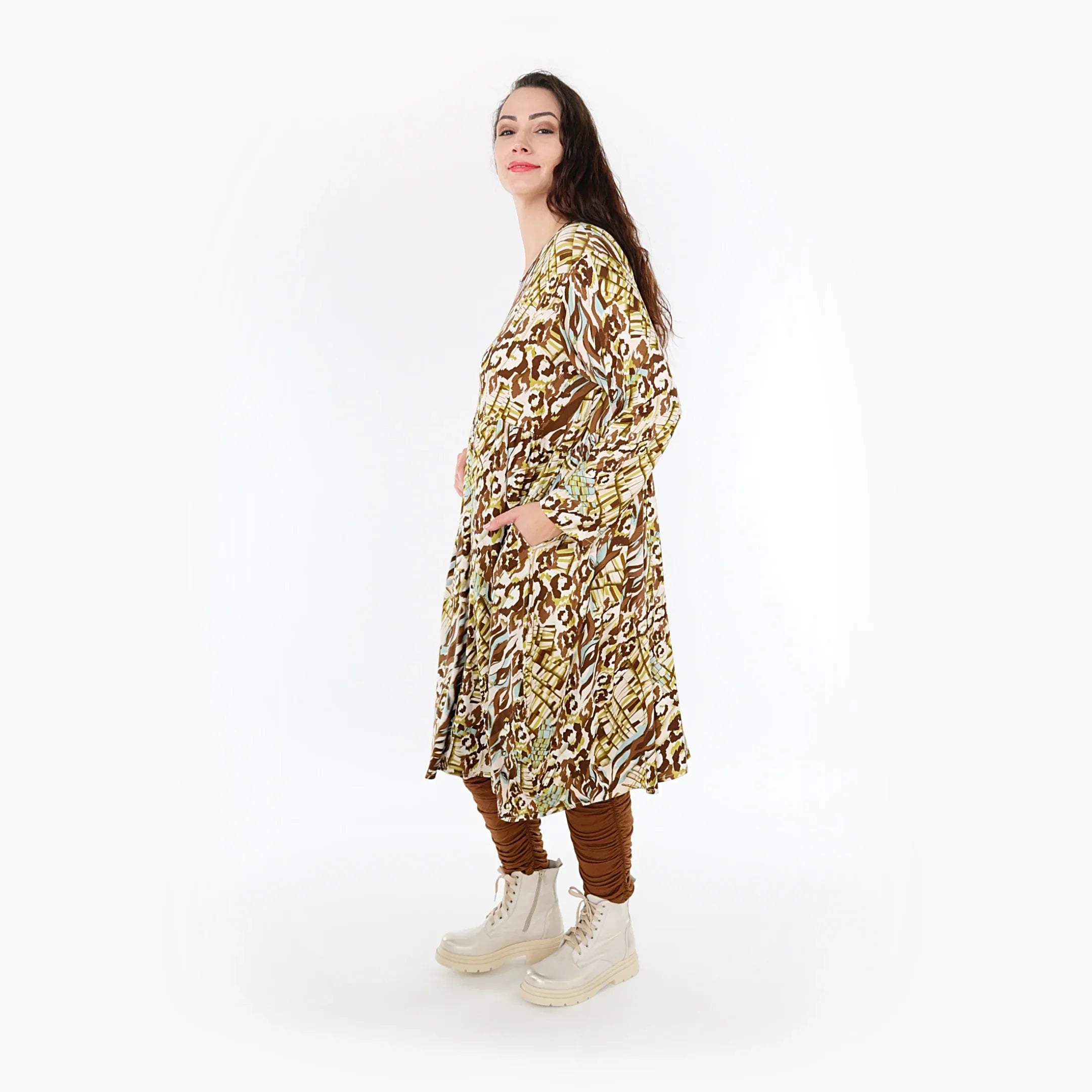 AKH Fashion Kleid 6698 Sakia, Olive/Cognac/Weiß