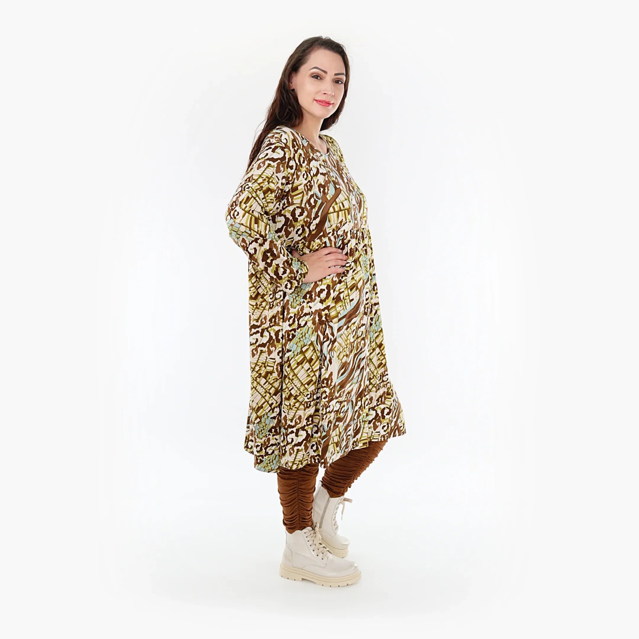AKH Fashion Kleid 6698 Sakia, Olive/Cognac/Weiß