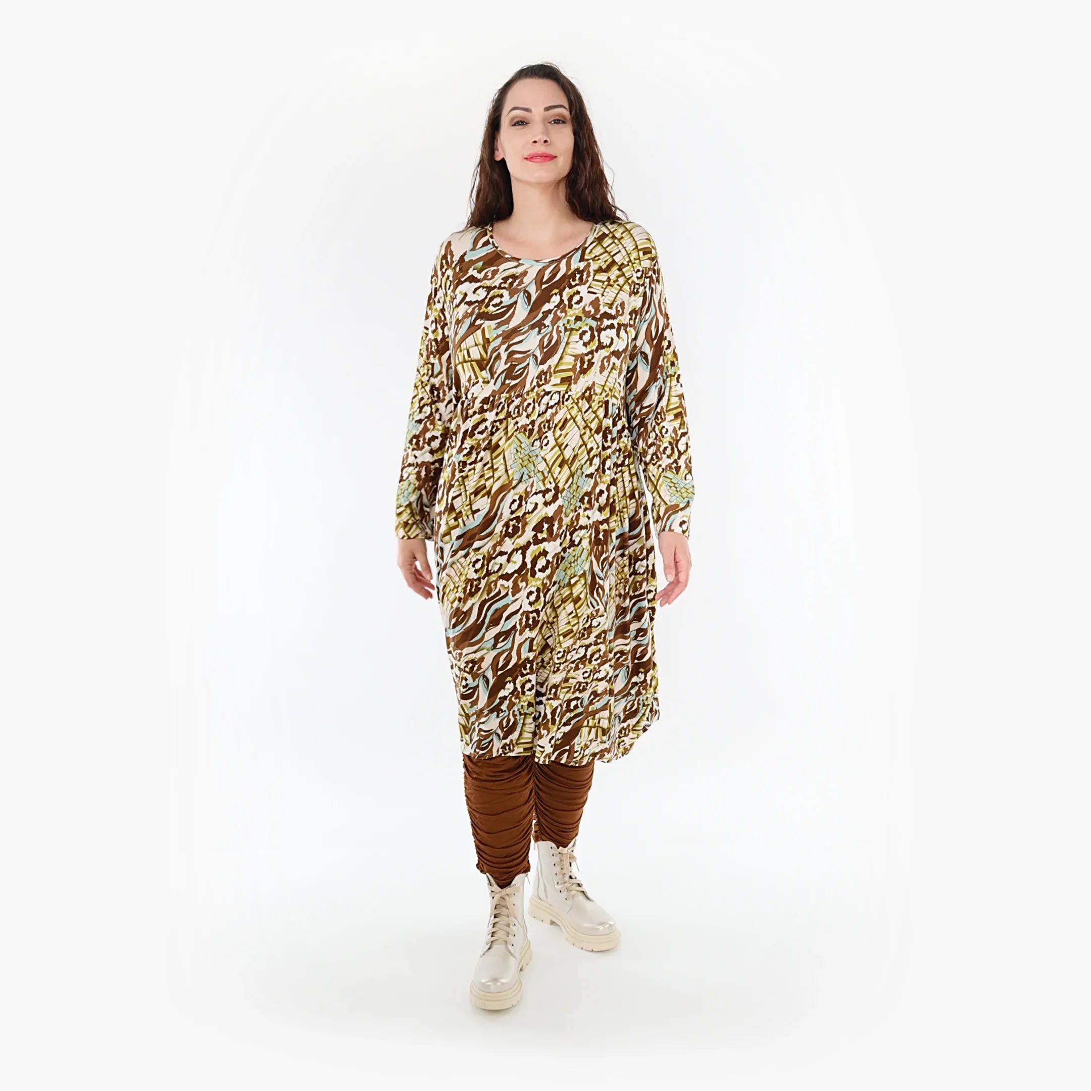 AKH Fashion Kleid 6698 Sakia, Olive/Cognac/Weiß