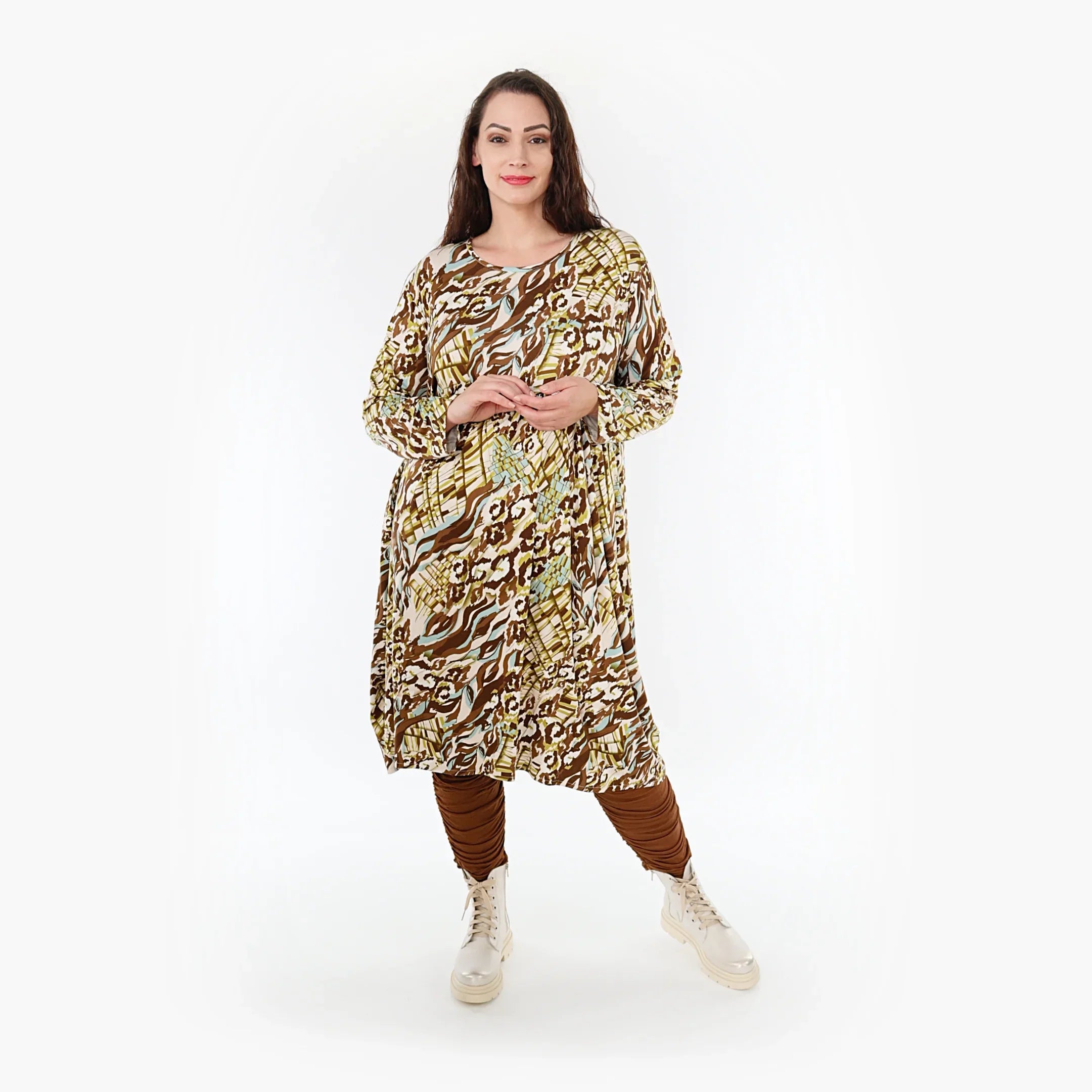 AKH Fashion Kleid 6698 Sakia, Olive/Cognac/Weiß