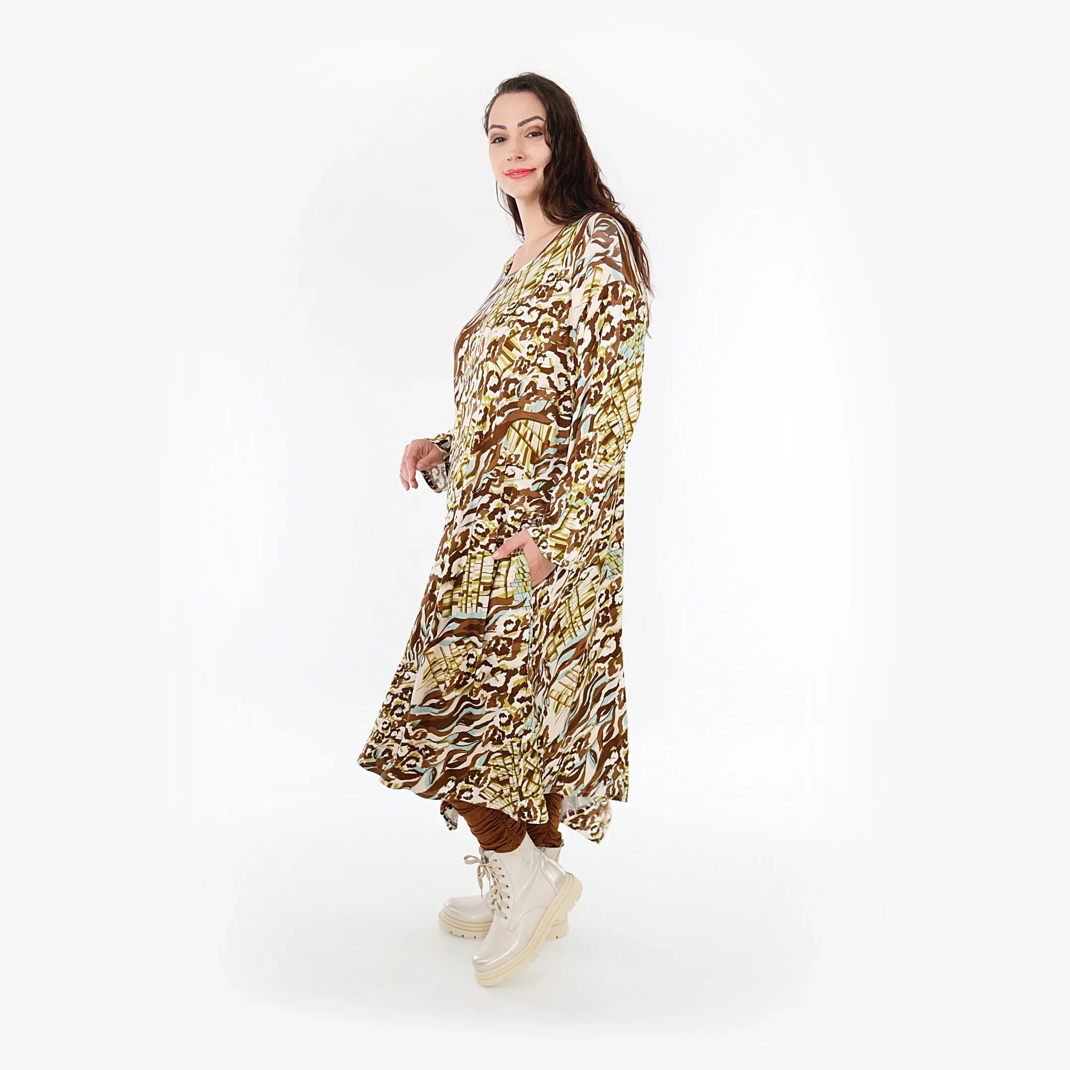 AKH Fashion Kleid 1927 Sakia, Olive/Cognac/Weiß